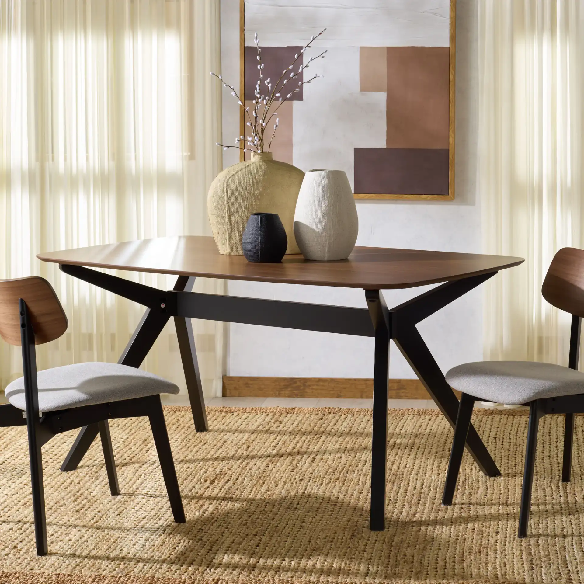 Divya Rectangular Wood Dining Table in Walnut / Black in a styled room