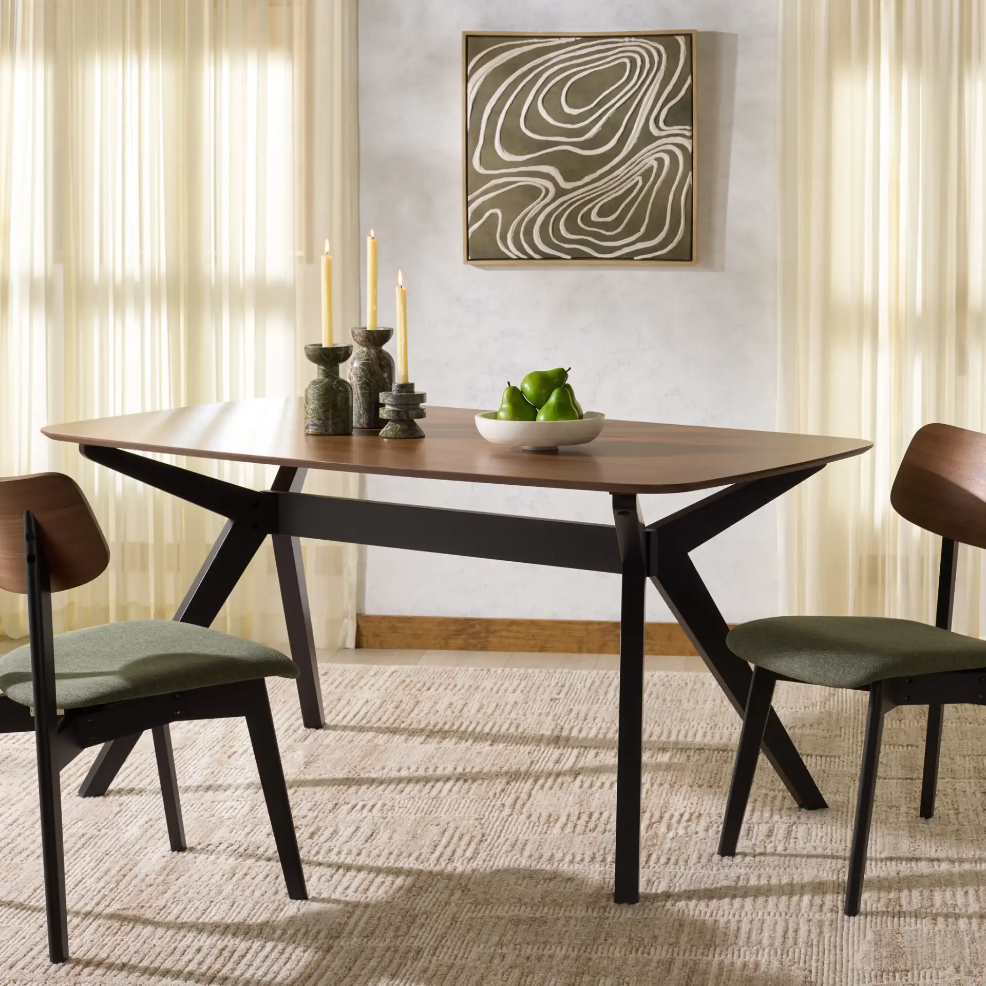 Divya Rectangular Wood Dining Table in Walnut / Black in a styled room