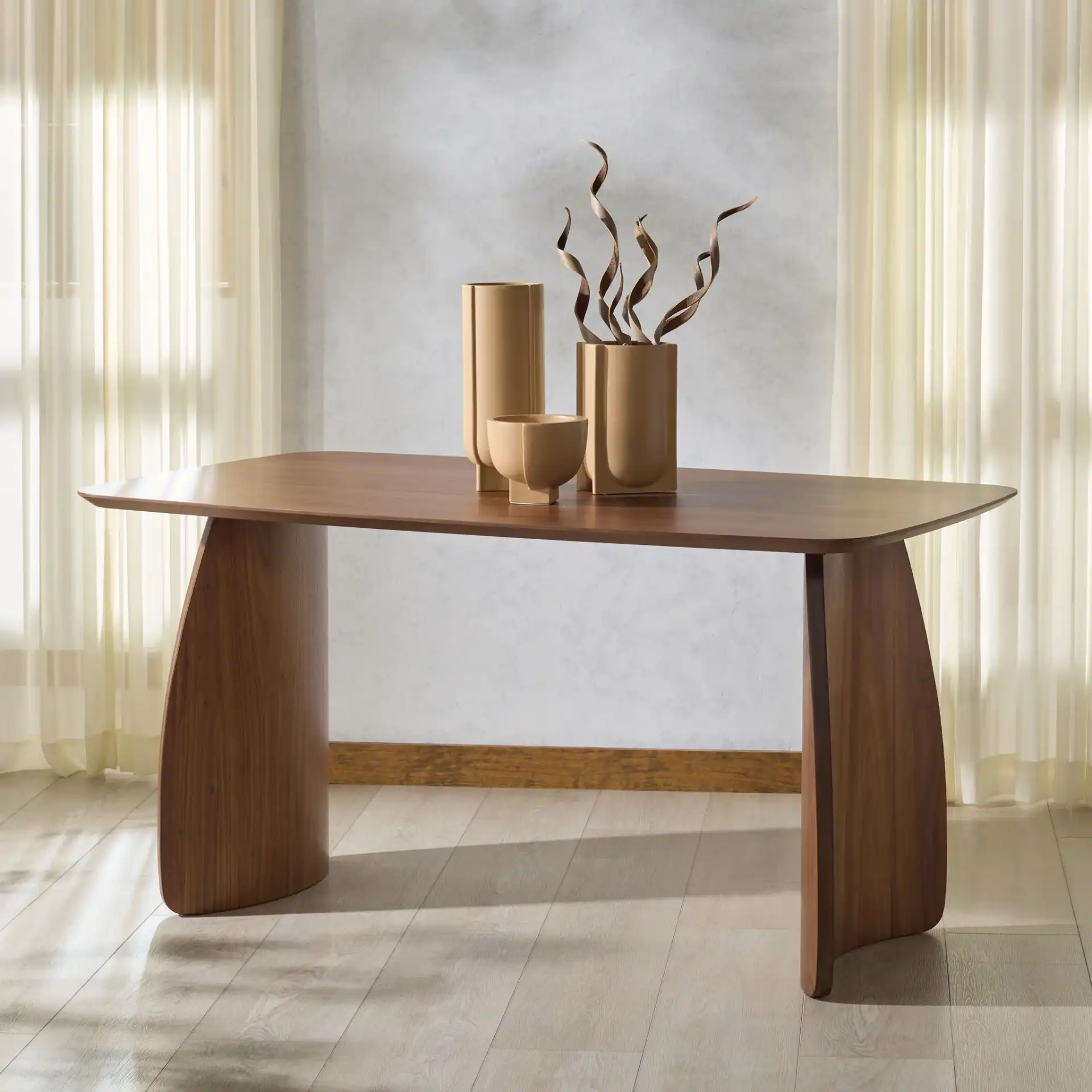Kayleen Rectangular Wood Dining Table in Walnut in a styled room