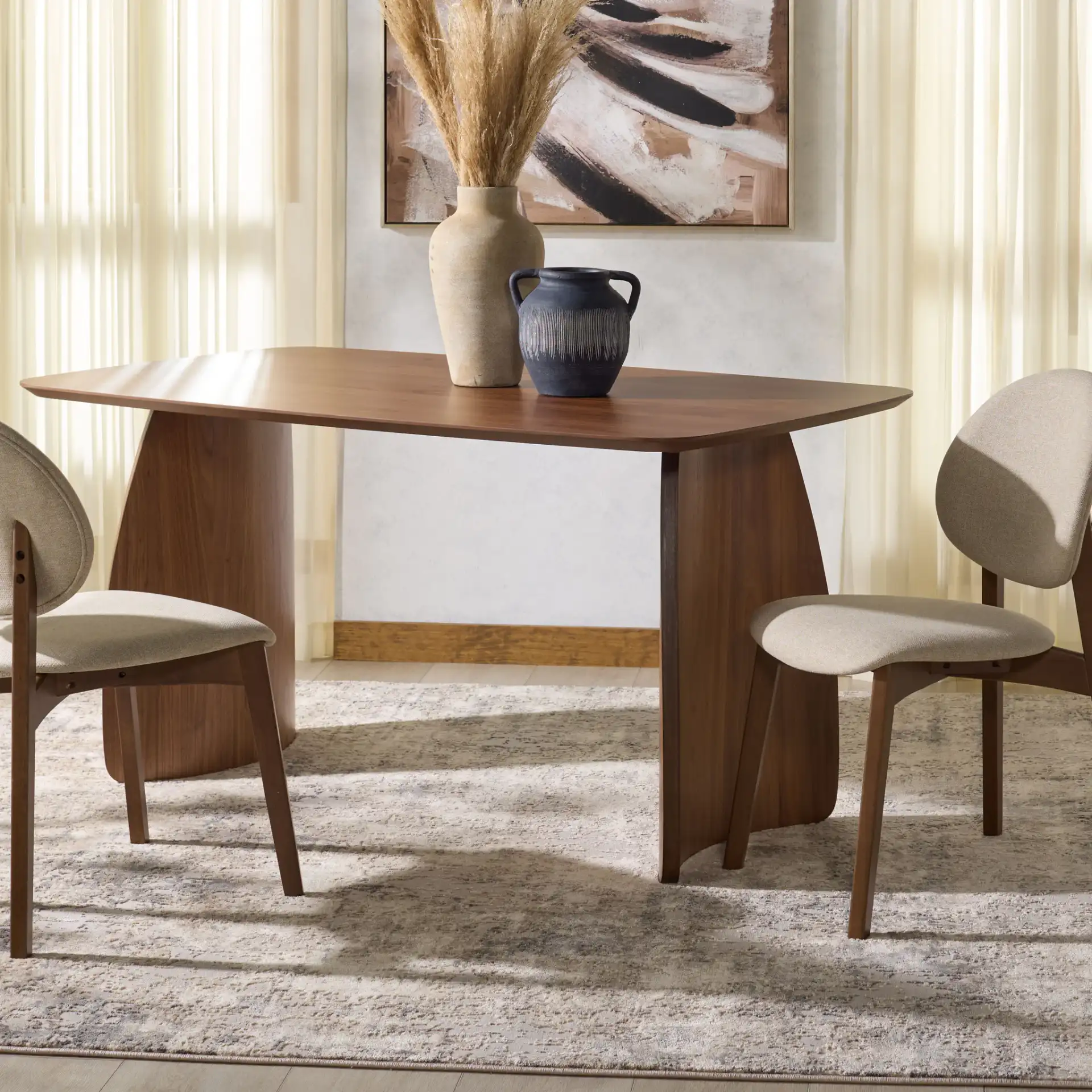 Kayleen Rectangular Wood Dining Table in Walnut in a styled room