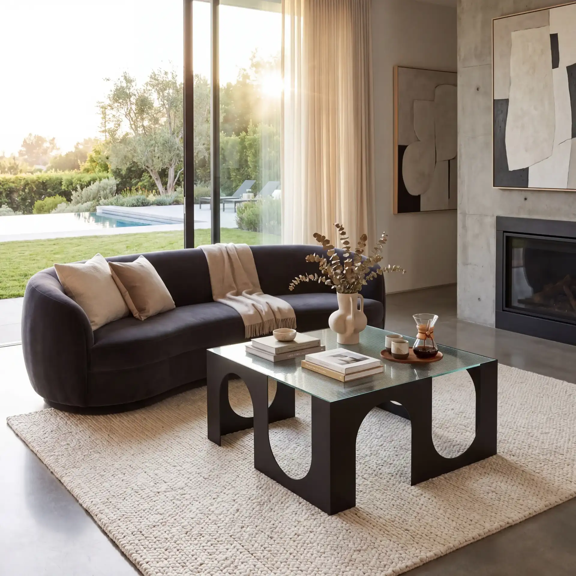 Brayberry Metal Coffee Table in Black / Clear in a styled room