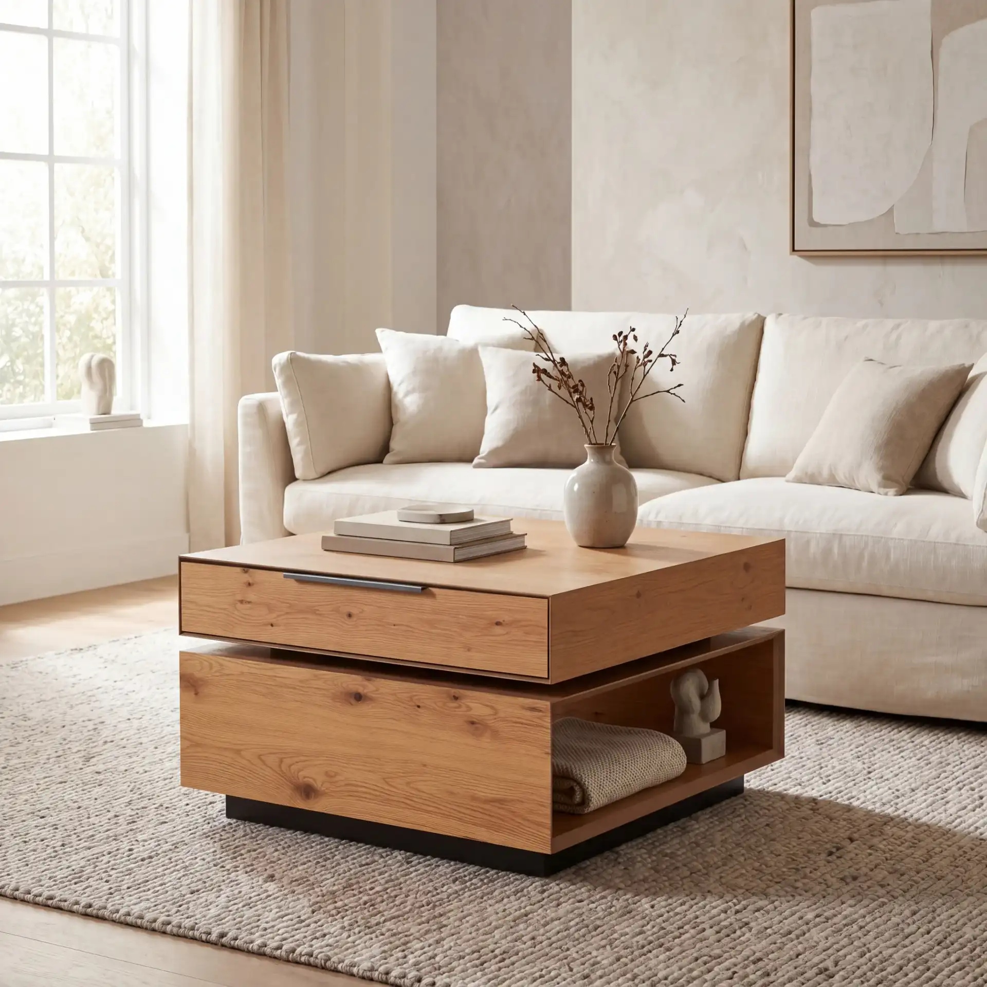 Geraldo Rotating Coffee Table in Oak in a styled room