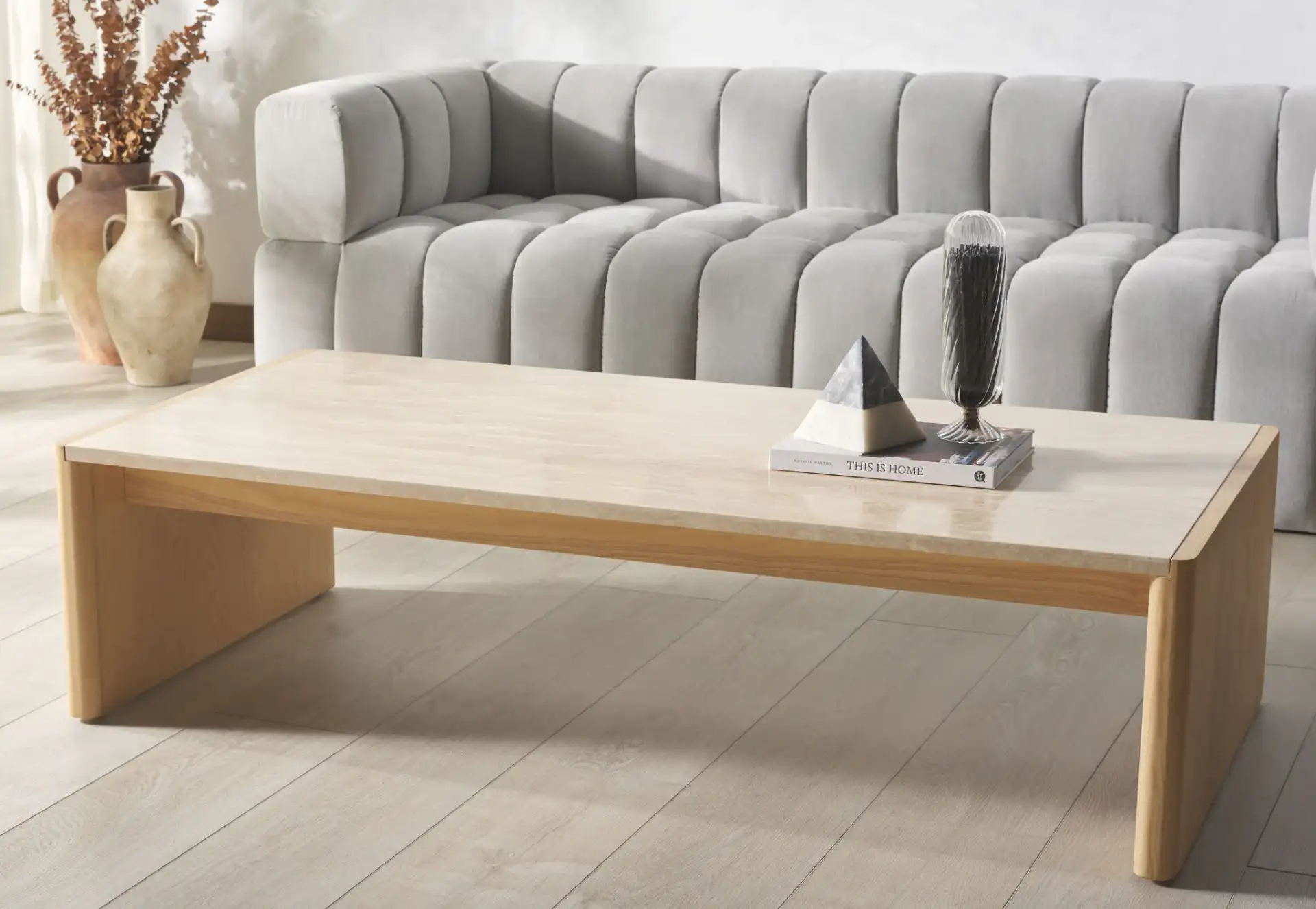 Bellarose Travertine Coffee Table in Natural / Travertine in a styled room