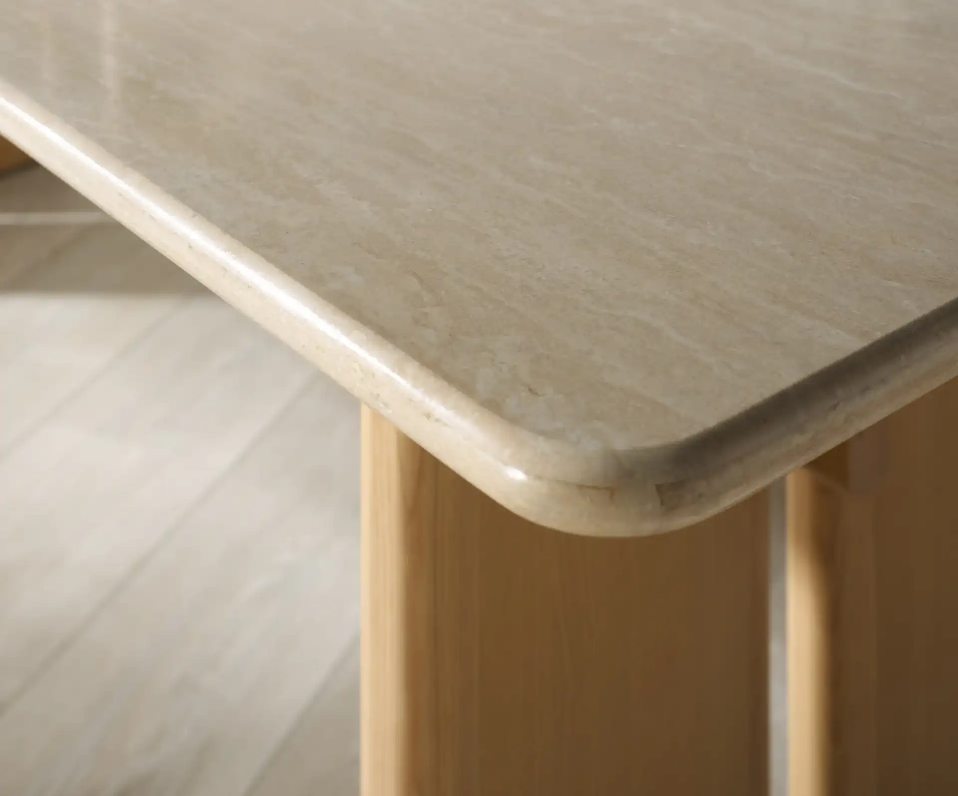 Bellarose Travertine Dining Table in Natural / Travertine in a styled room