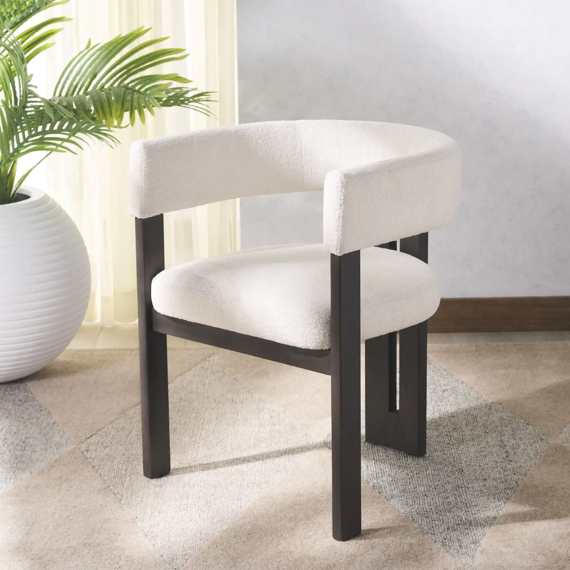 Florabelle Boucle Arm Chair in Ivory / Dark Brown in a styled room