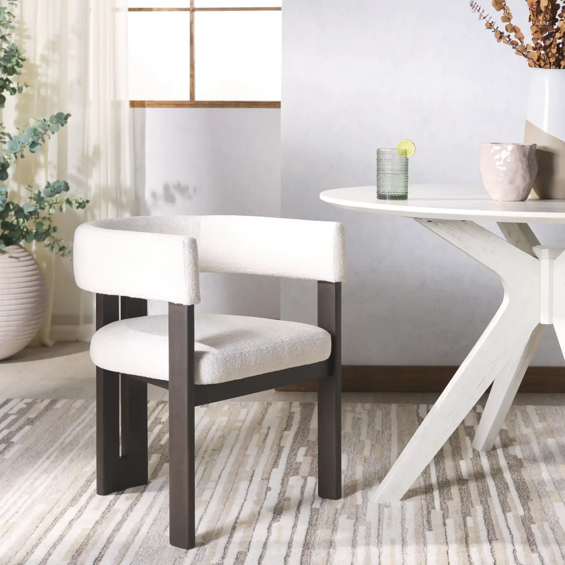 Florabelle Boucle Arm Chair in Ivory / Dark Brown in a styled room