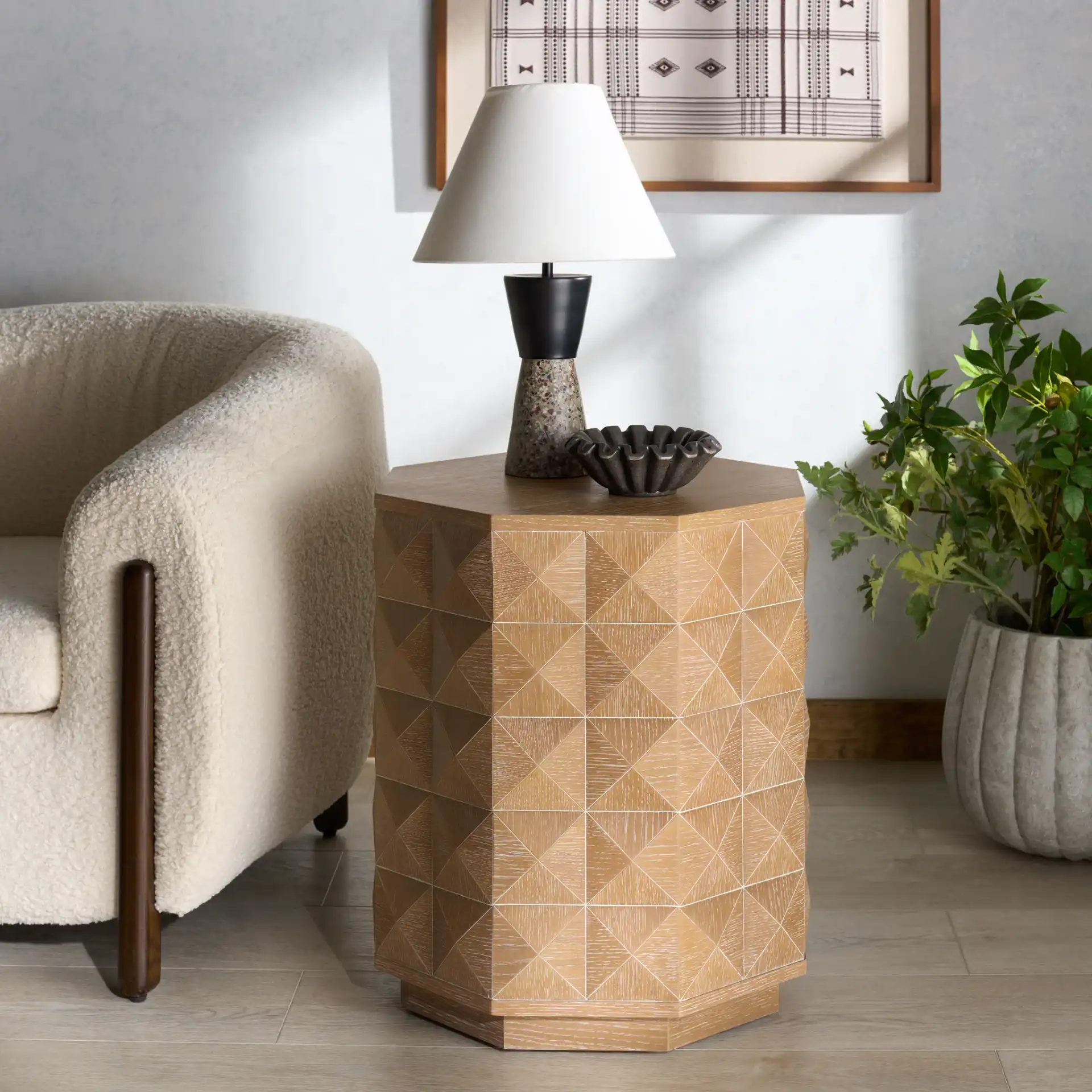 Patty Wood Octagon Accent Table in Natural in a styled room