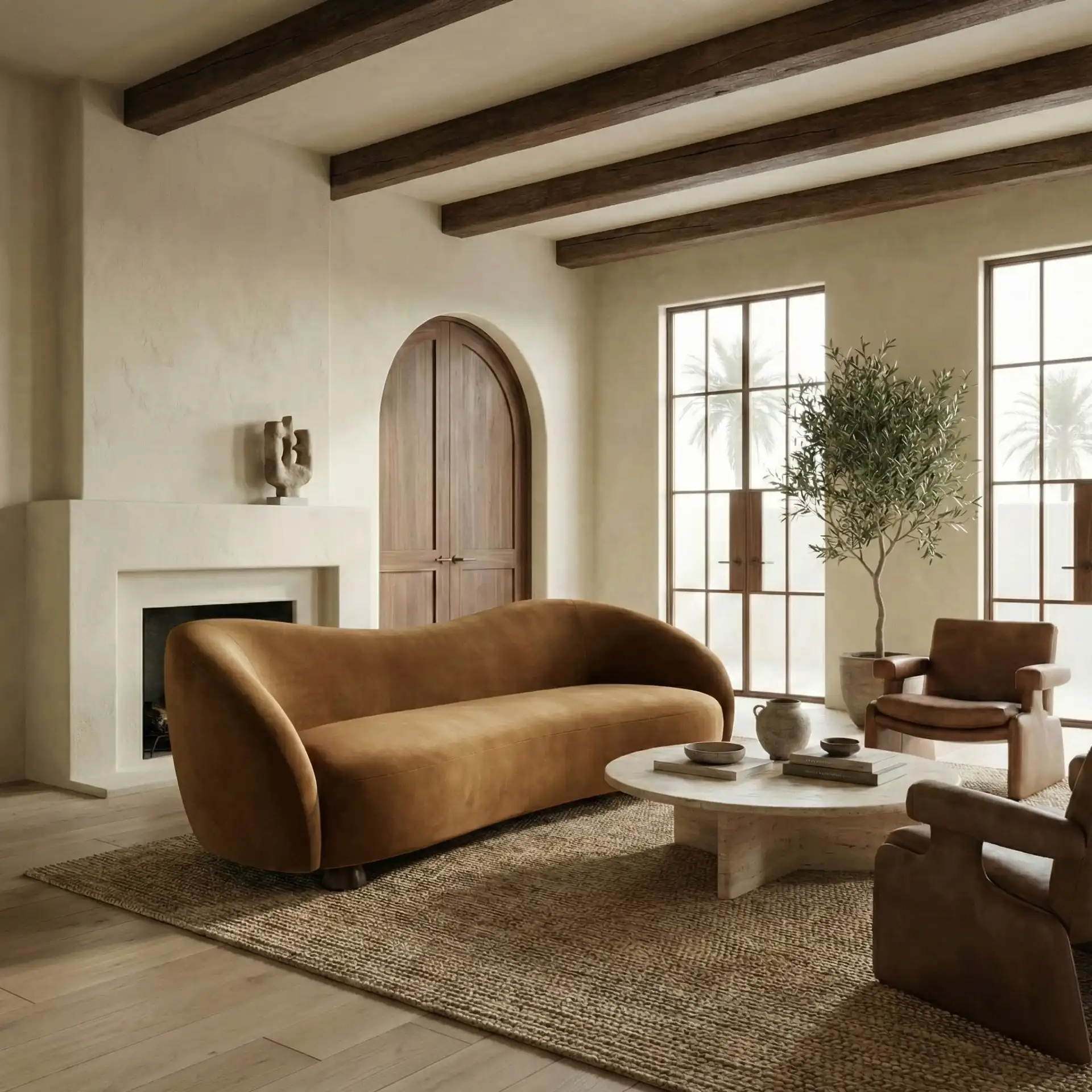 Jocelyne Velvet Sofa in Brown / Walnut in a styled room