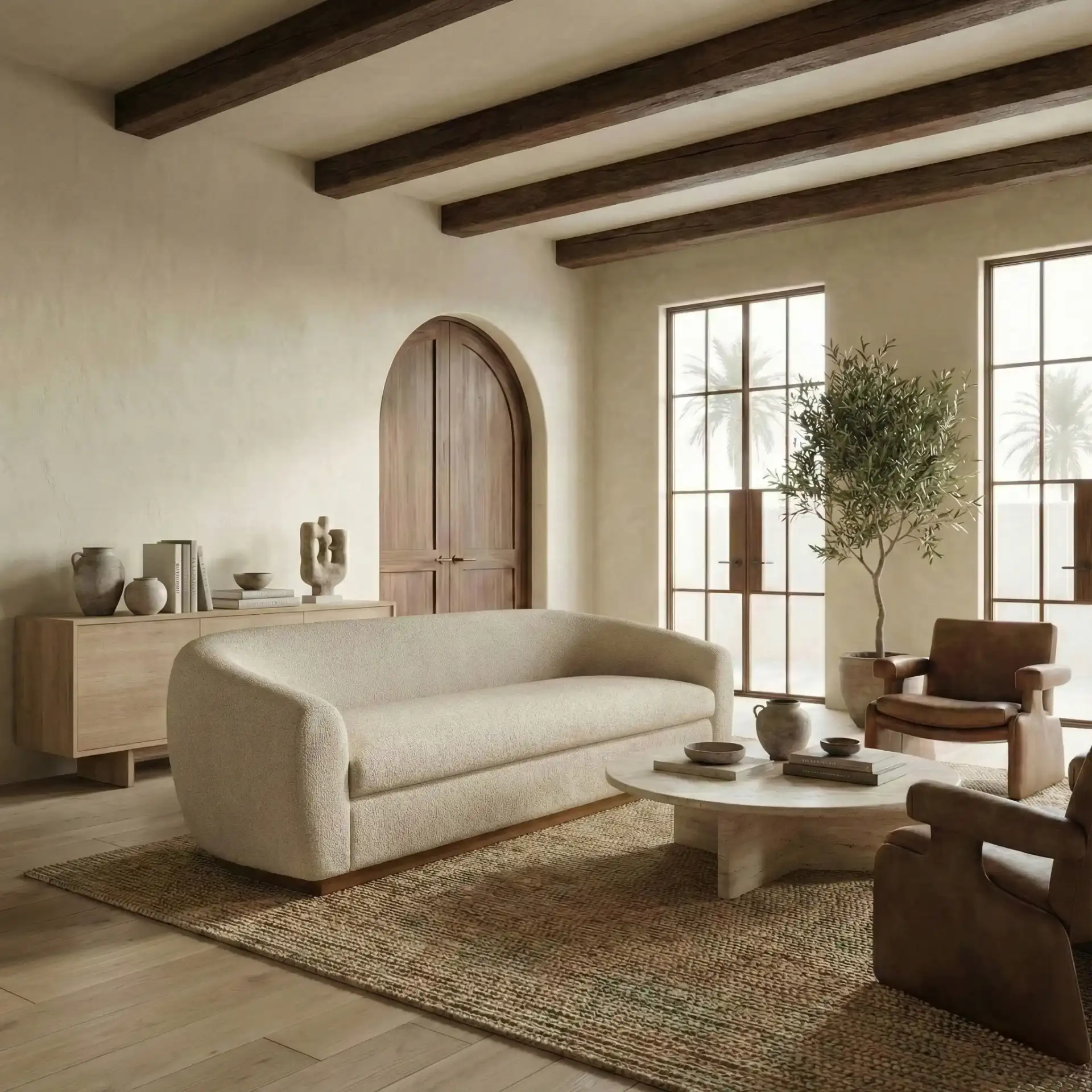 Tylah Boucle Sofa in Beige / Walnut in a styled room