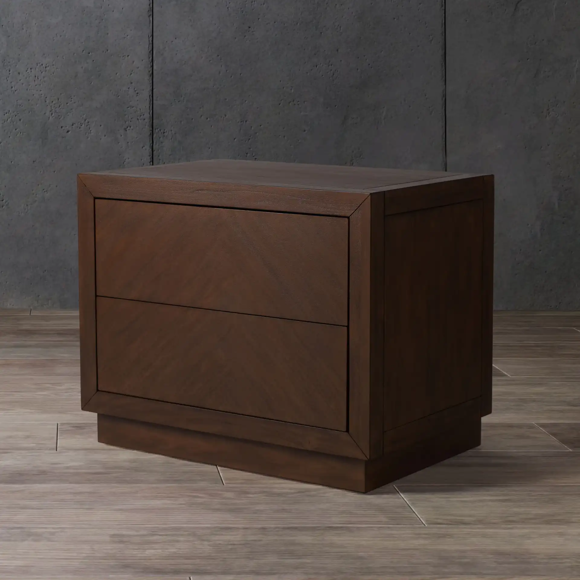 Steve Two-Drawer Wood Nightstand in Brown in a styled room