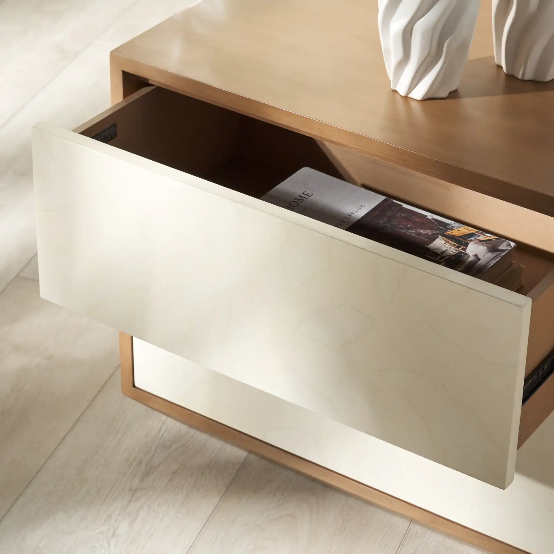 Edalina Two-Drawer Nightstand in Natural / White in a styled room