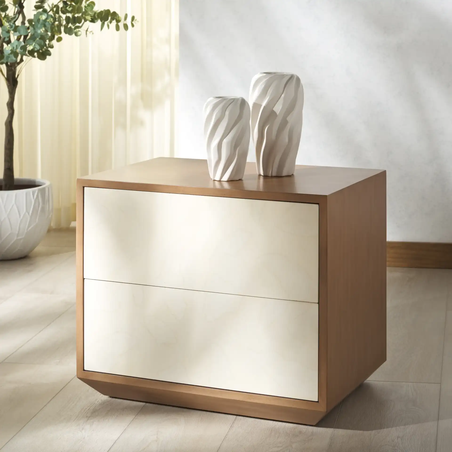 Edalina Two-Drawer Nightstand in Natural / White in a styled room