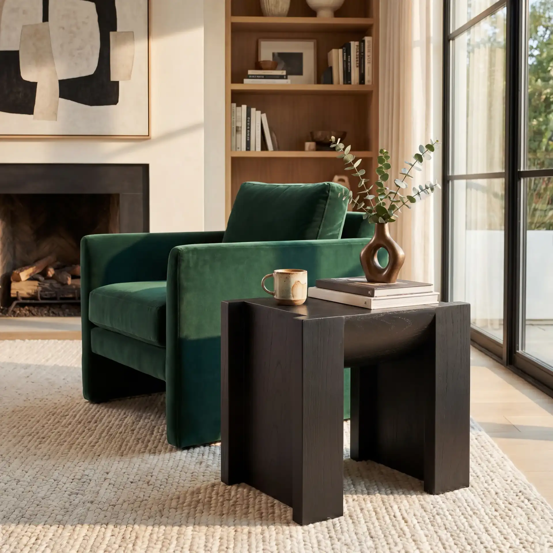 Jessandria Wood Accent Table in Black in a styled room