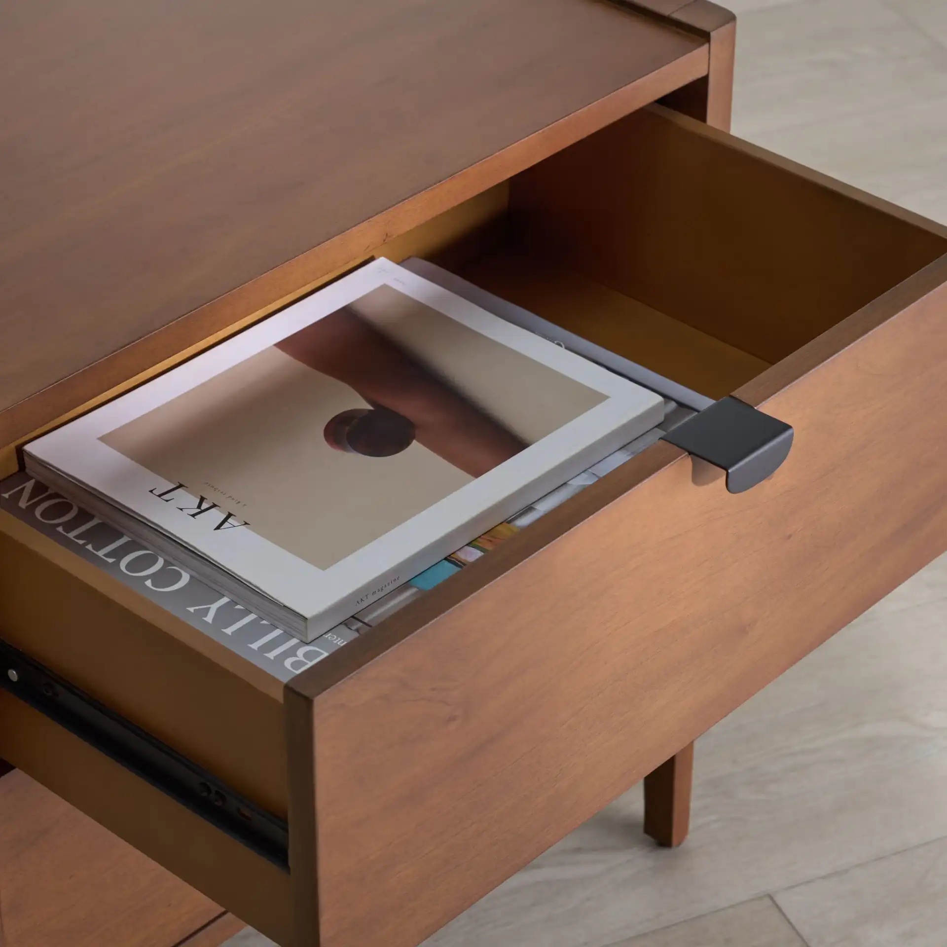 Mayalyn Wood Two-Drawer Nightstand in Walnut / Black in a styled room