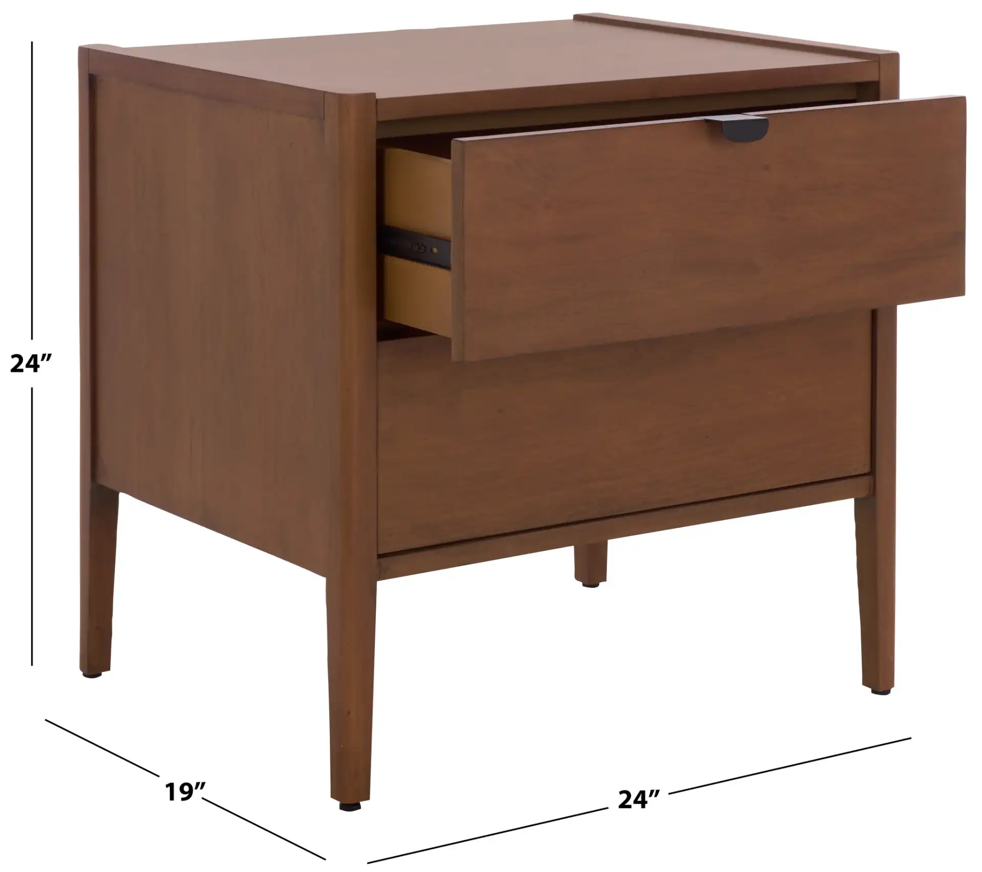 Mayalyn Wood Two-Drawer Nightstand in Walnut / Black, detail view
