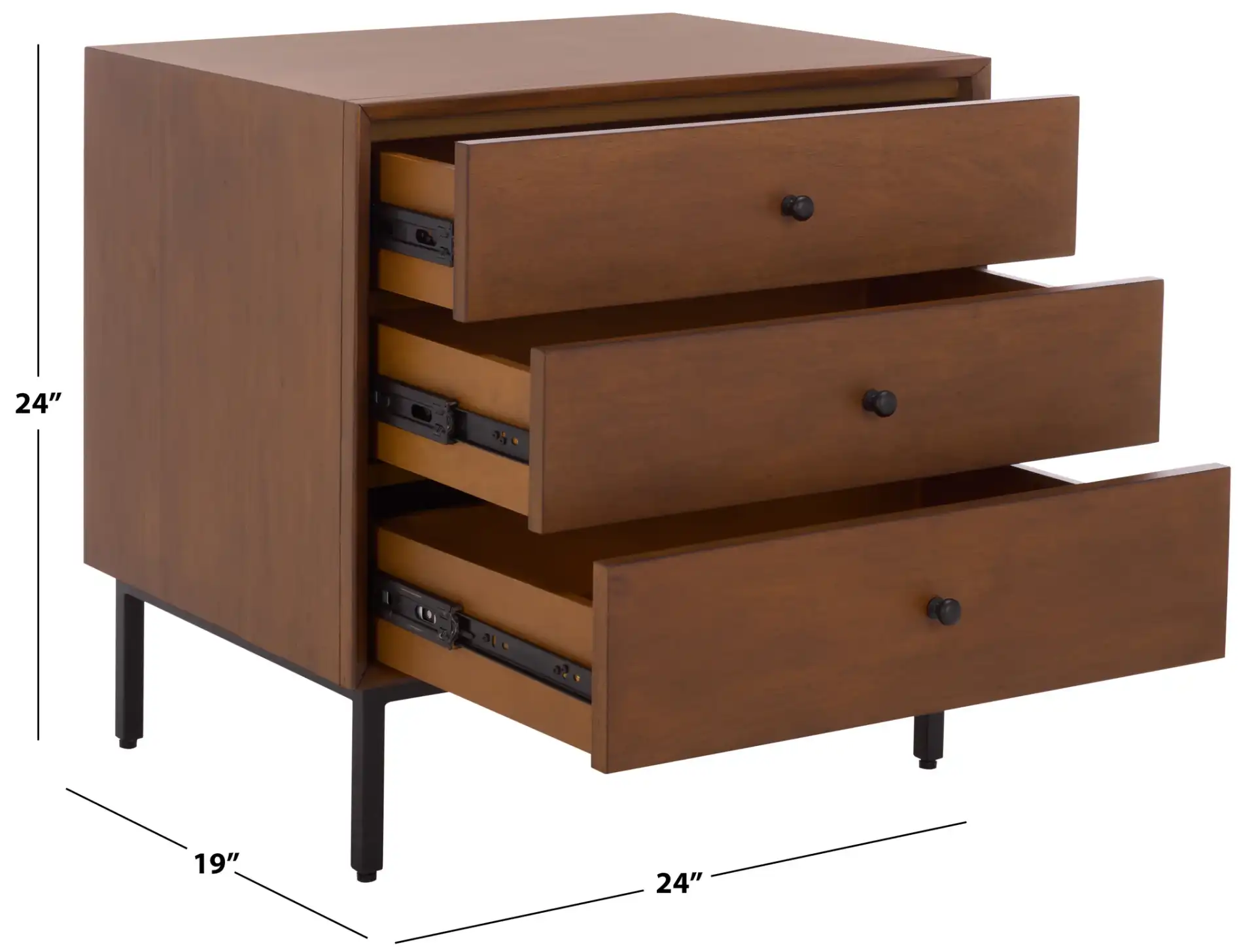Trever Wood Three-Drawer Nightstand in Walnut / Black, detail view