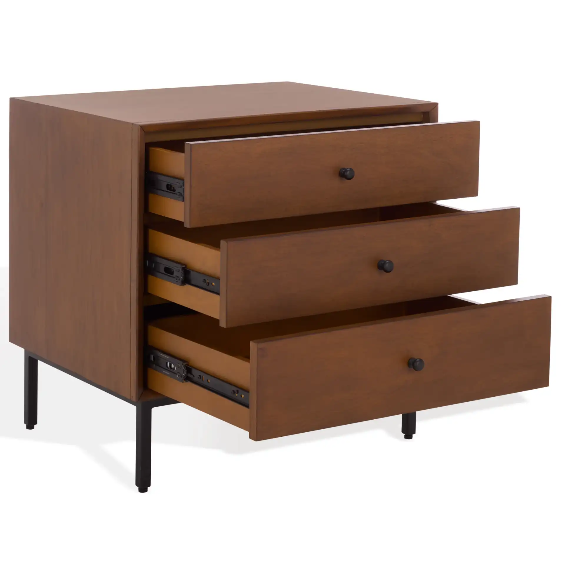 Trever Wood Three-Drawer Nightstand in Walnut / Black, detail view