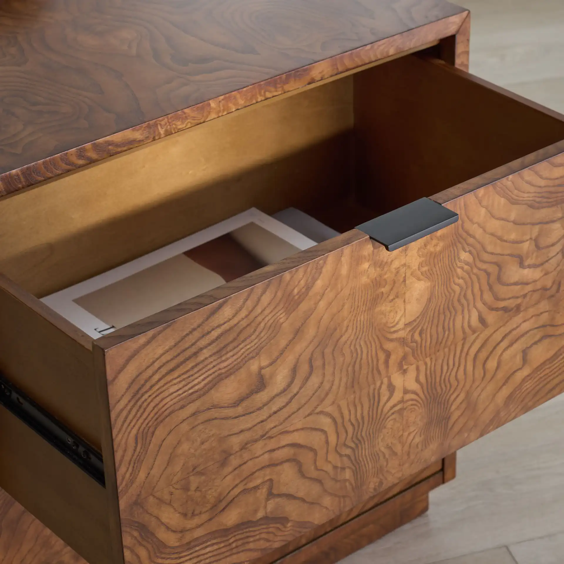 Frankie Burl Two-Drawer Nightstand in Walnut Burl in a styled room
