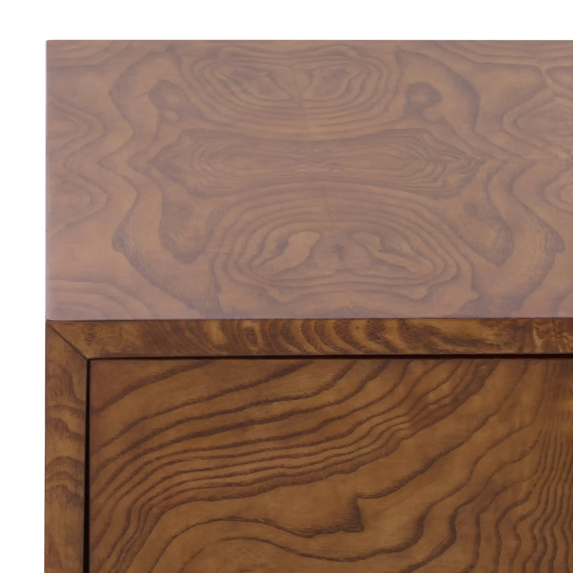Frankie Burl Two-Drawer Nightstand in Walnut Burl in a styled room
