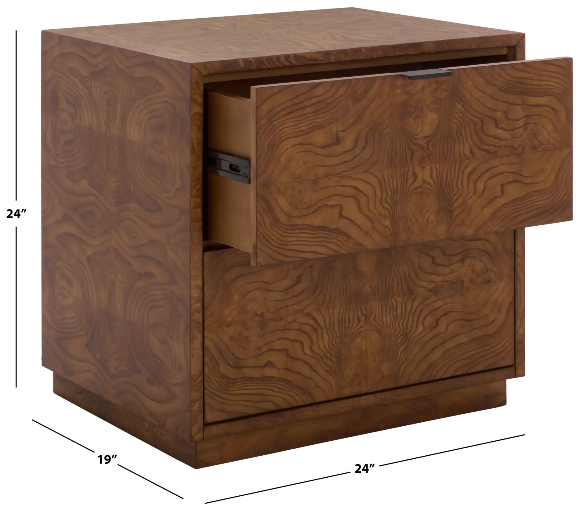 Frankie Burl Two-Drawer Nightstand in Walnut Burl, detail view