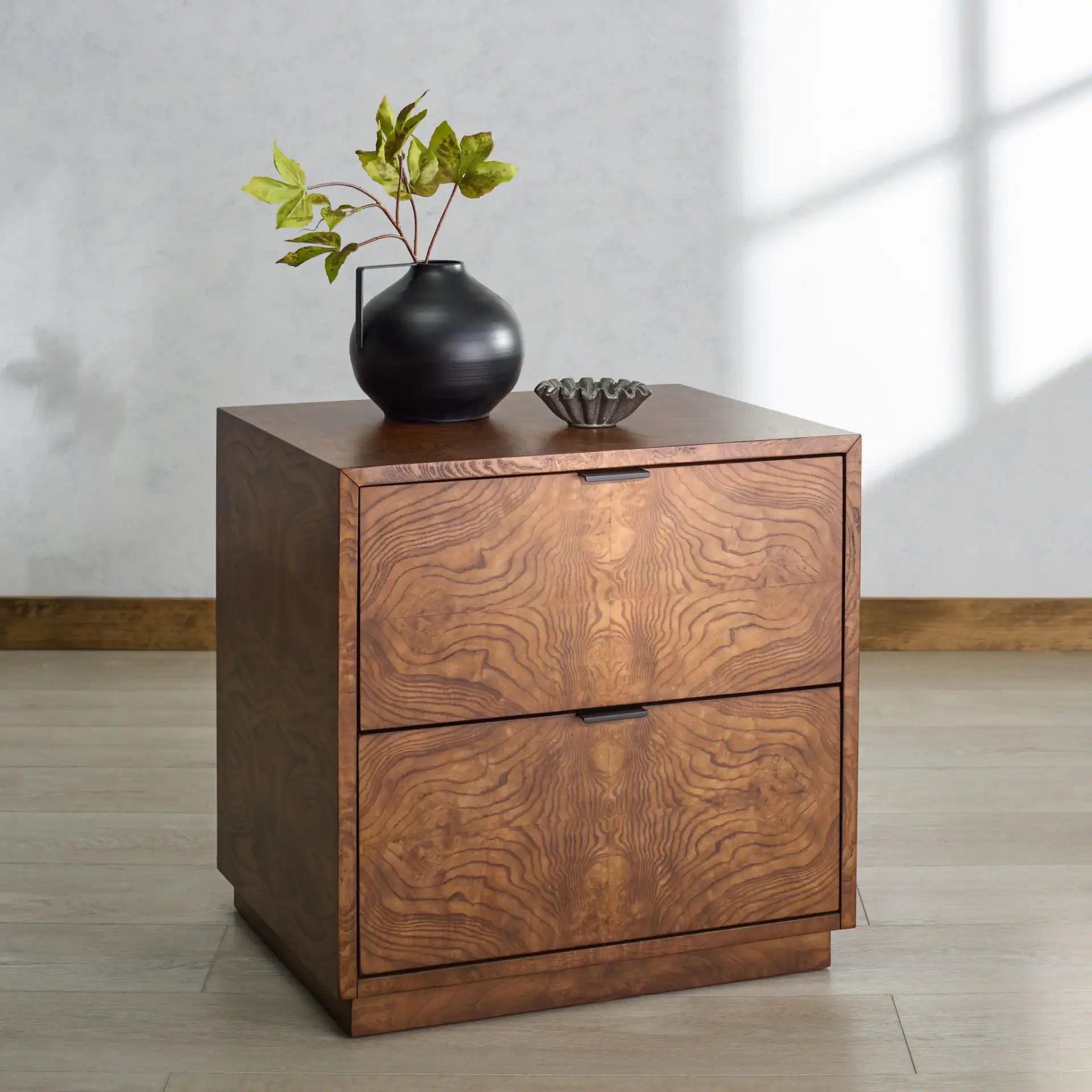 Frankie Burl Two-Drawer Nightstand in Walnut Burl in a styled room