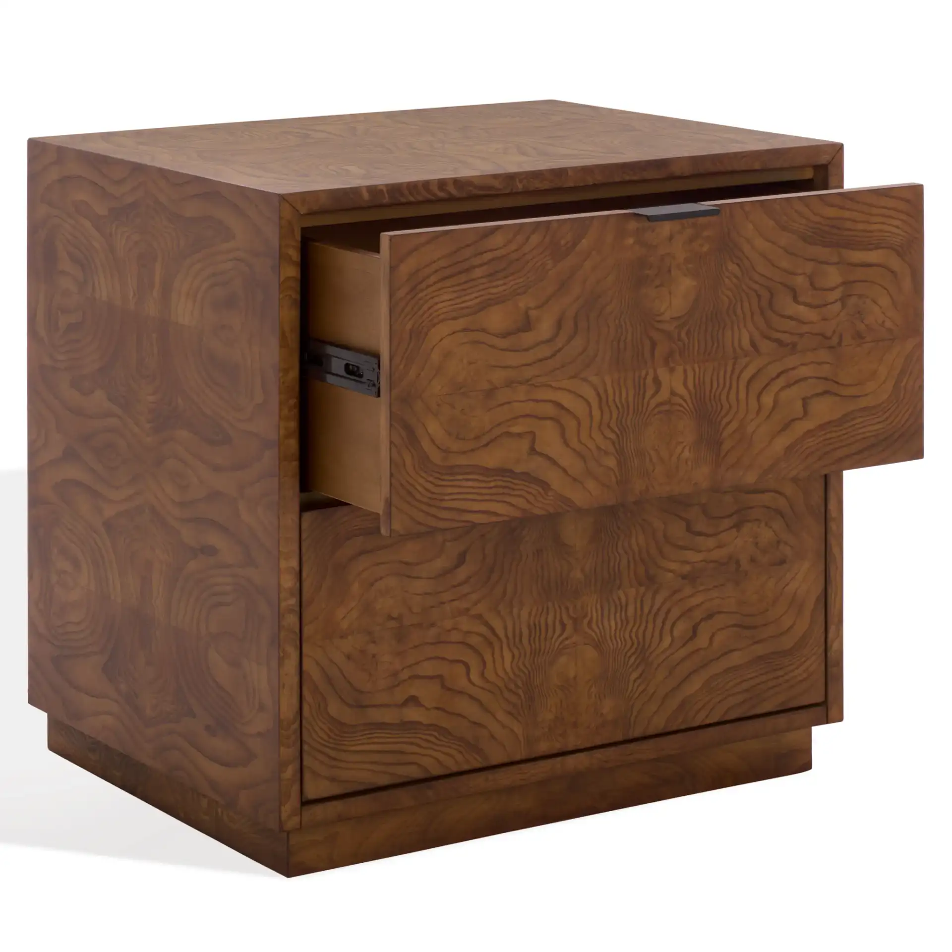 Frankie Burl Two-Drawer Nightstand in Walnut Burl, detail view