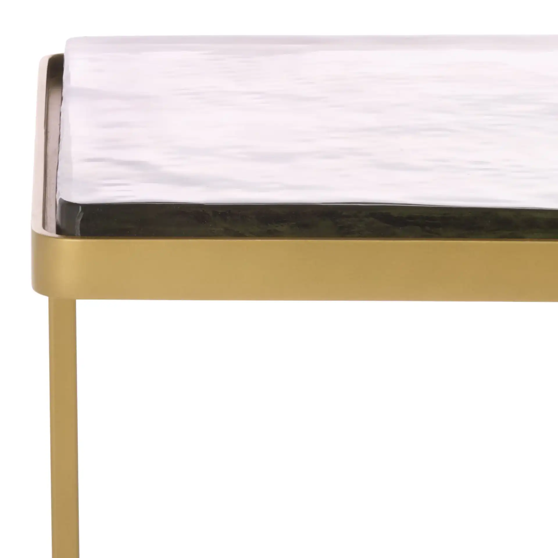 Dominic Glass Top Coffee Table in Brass / Clear in a styled room