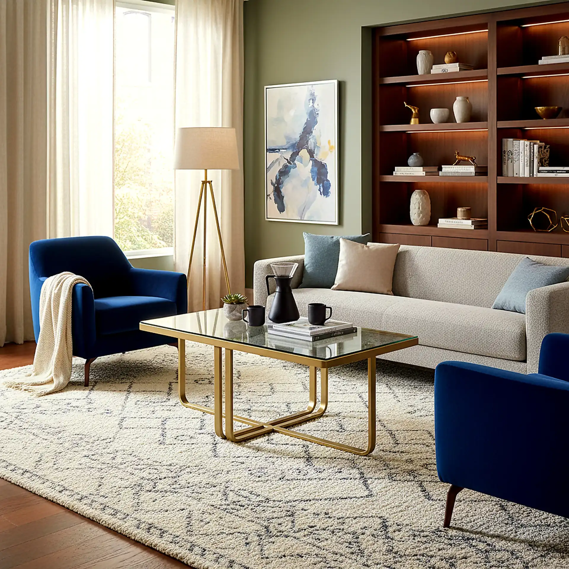 Dominic Glass Top Coffee Table in Brass / Clear in a styled room