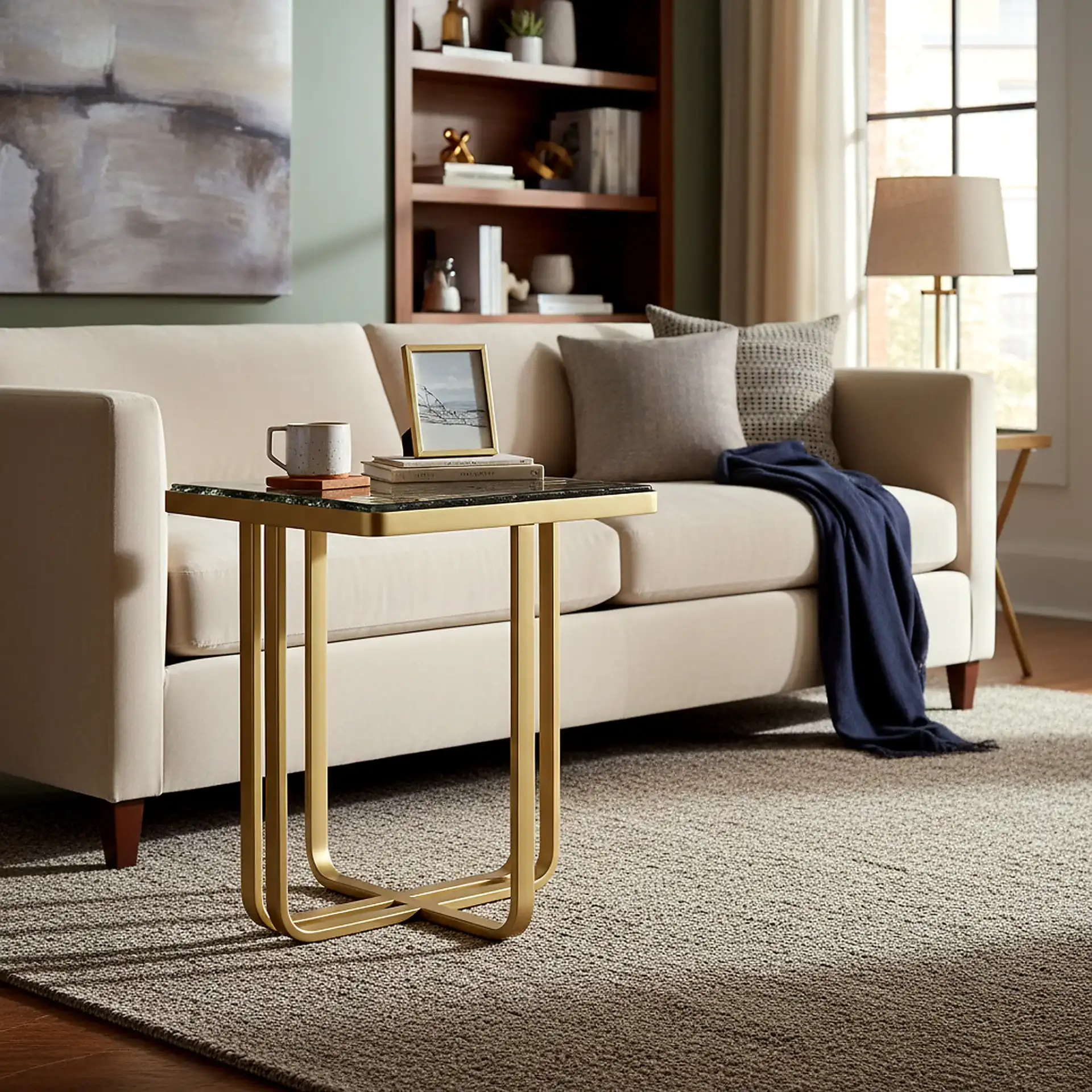 Dominic Glass Top Accent Table in Brass / Clear in a styled room