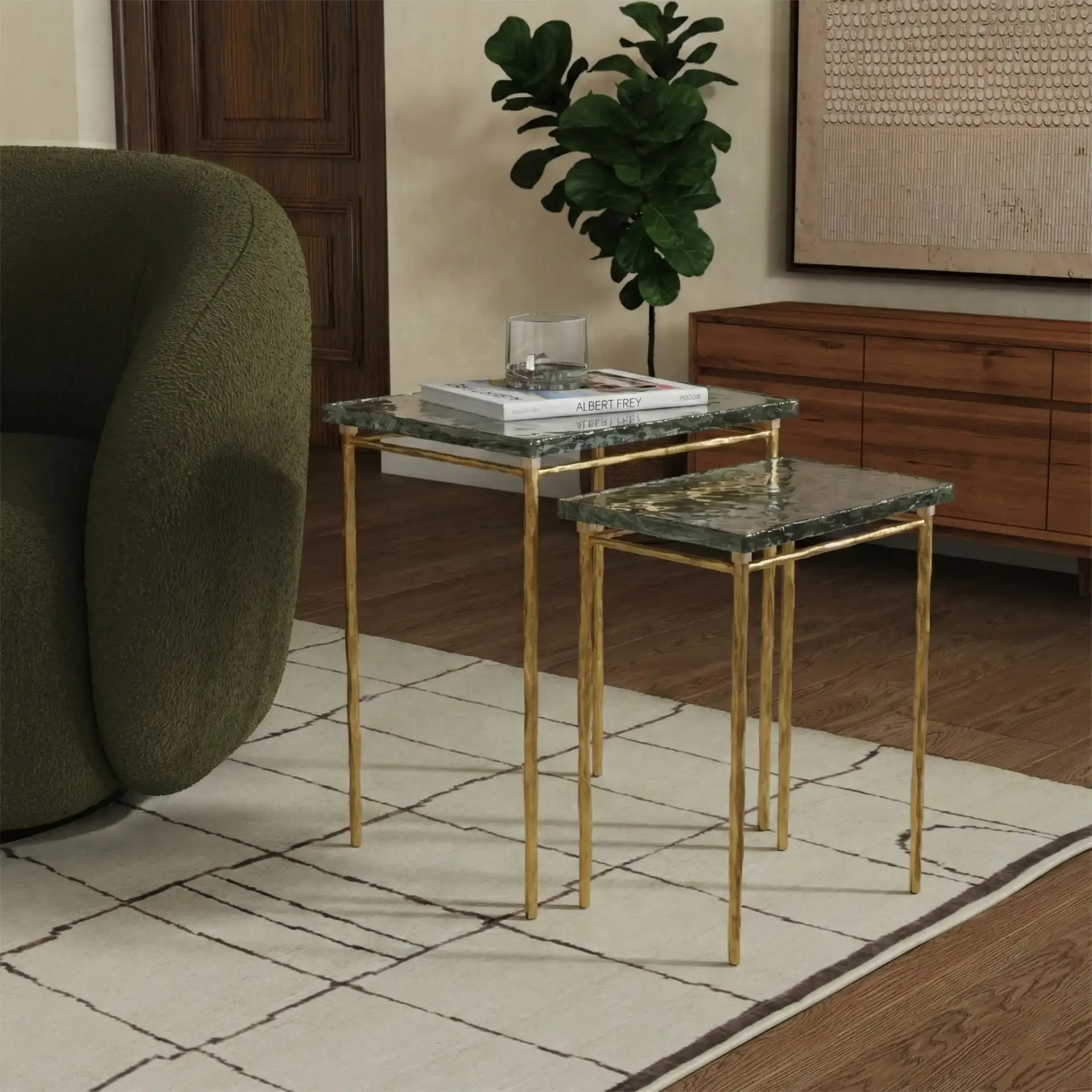 Mckenzie Glass Nesting Tables in Smoked Glass / Brass in a styled room