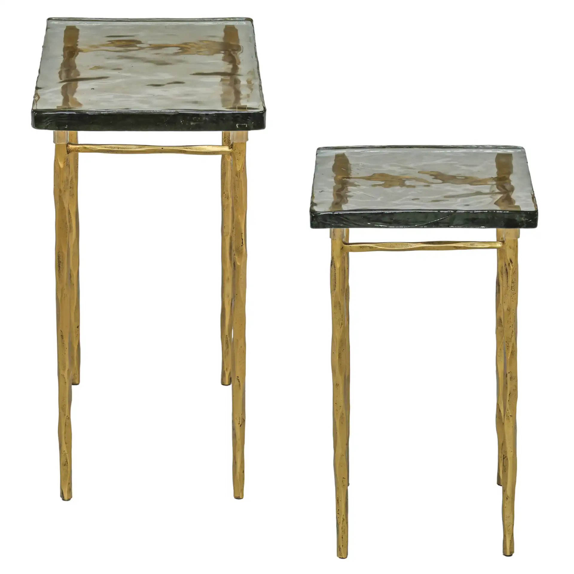 Mckenzie Glass Nesting Tables in Smoked Glass / Brass, detail view