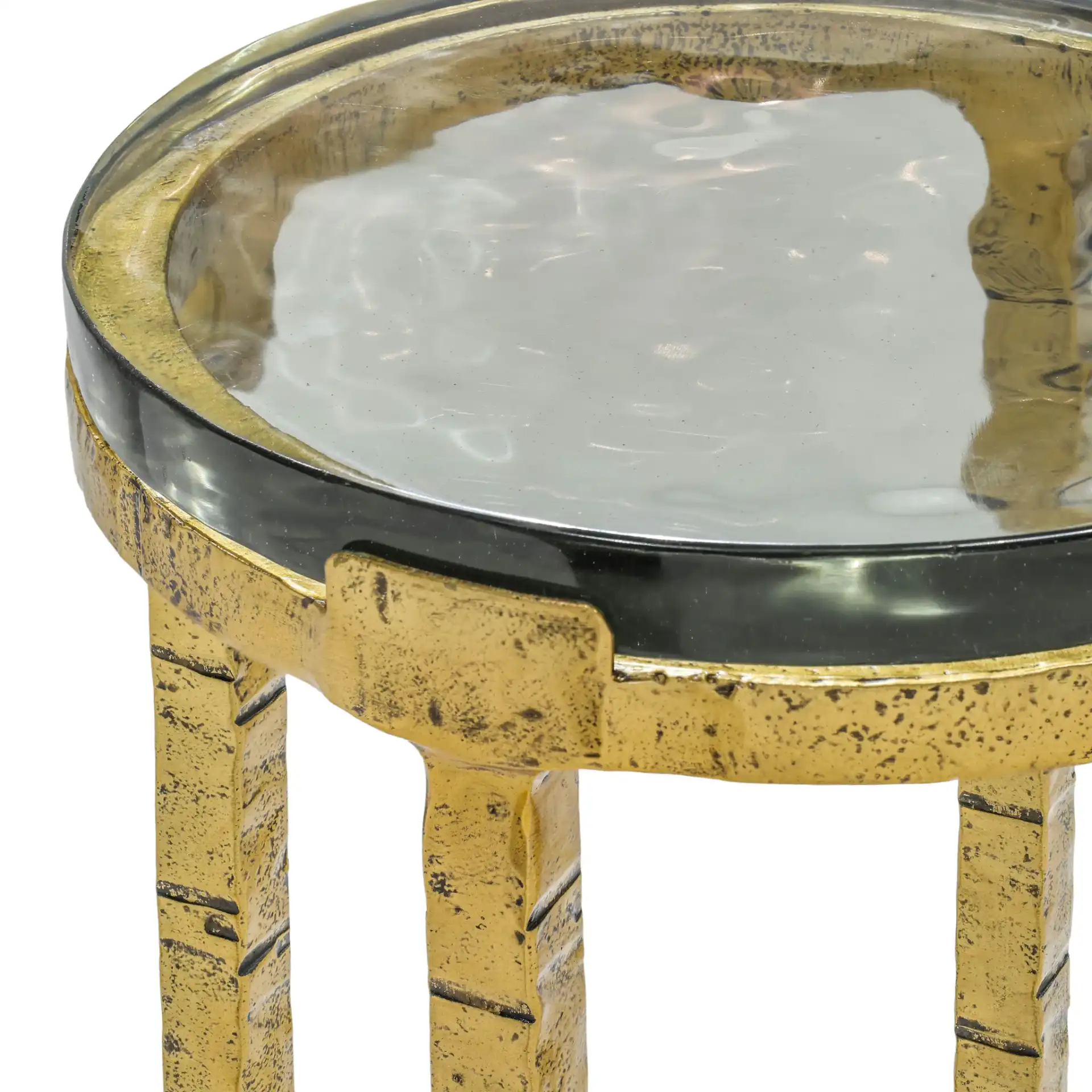 Karmelina Round Drink Table in Smoked Glass / Brass in a styled room