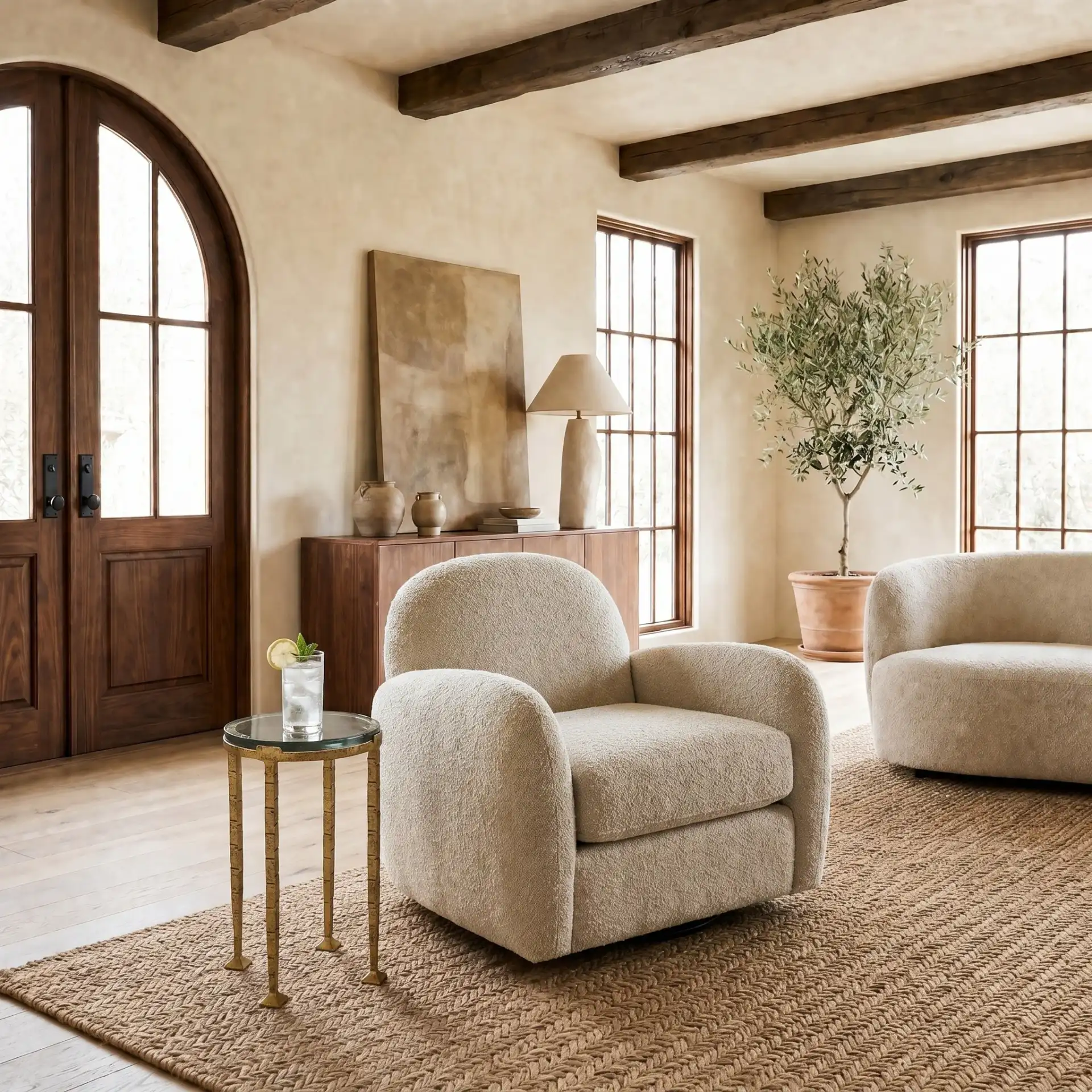 Karmelina Round Drink Table in Smoked Glass / Brass in a styled room