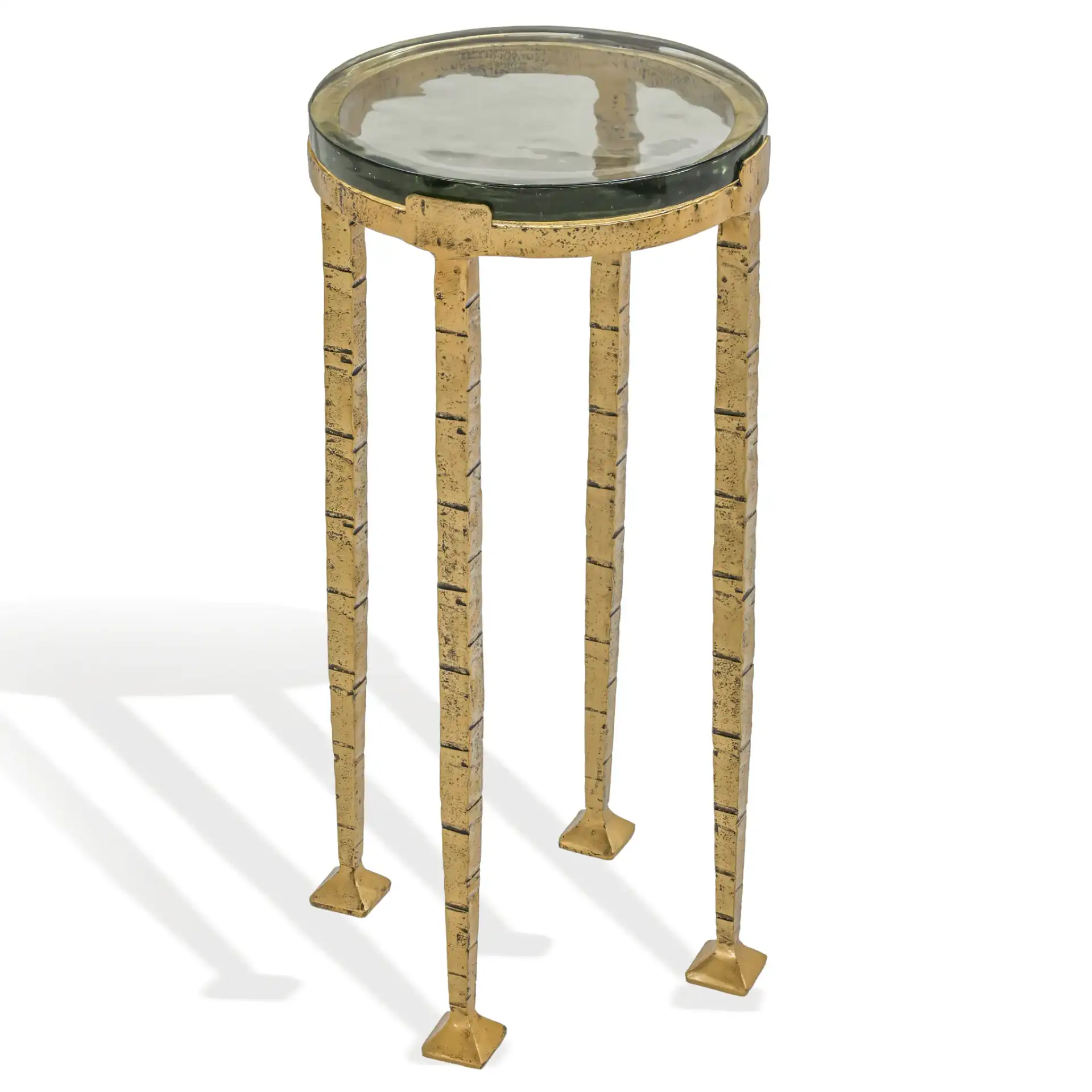 Karmelina Round Drink Table in Smoked Glass / Brass, detail view
