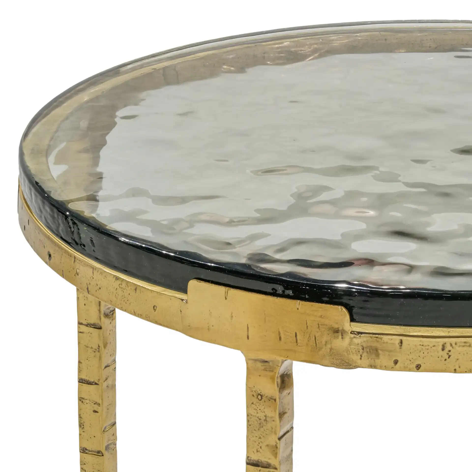 Karmelina Round Accent Table in Smoked Glass / Brass in a styled room