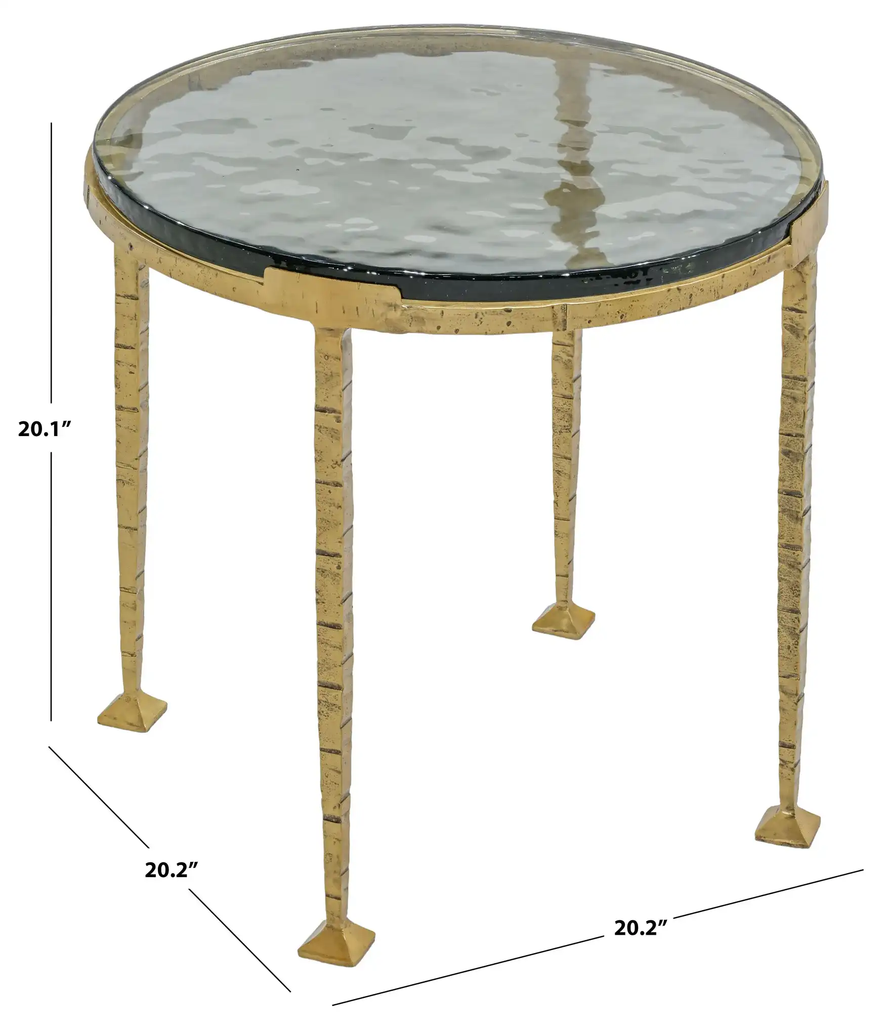 Karmelina Round Accent Table in Smoked Glass / Brass, detail view