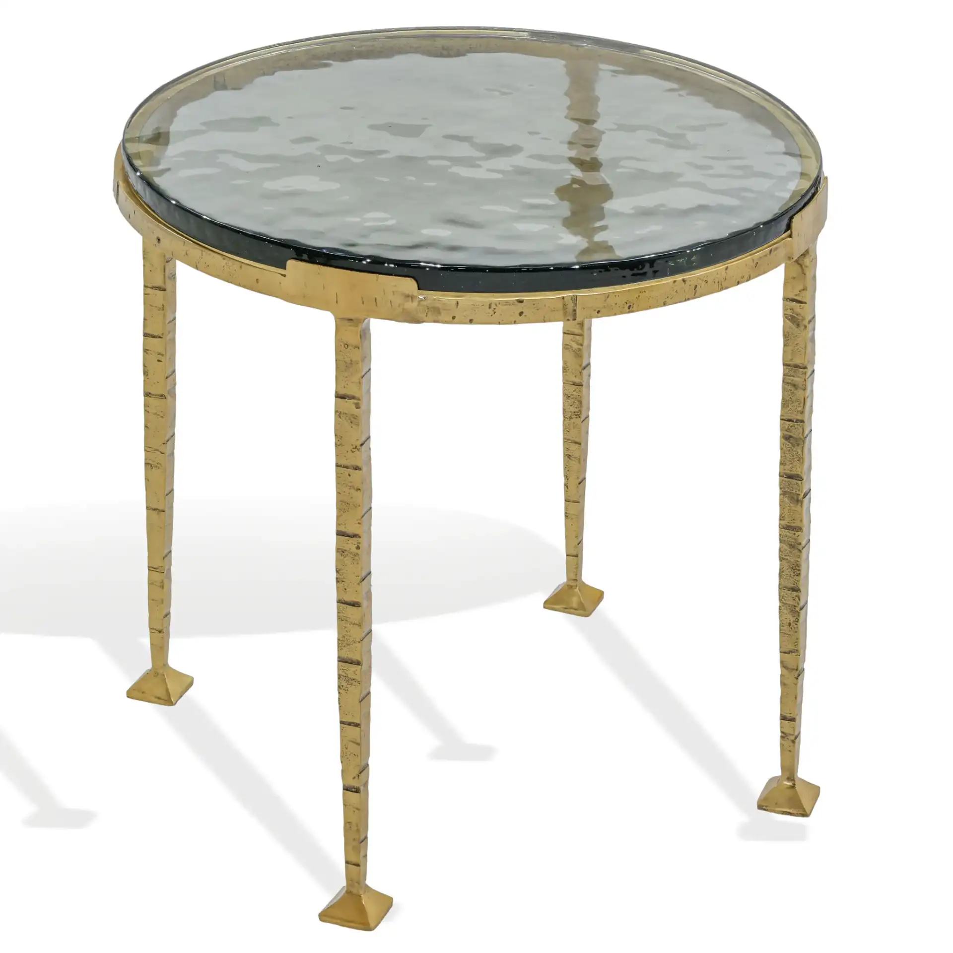 Karmelina Round Accent Table in Smoked Glass / Brass, detail view