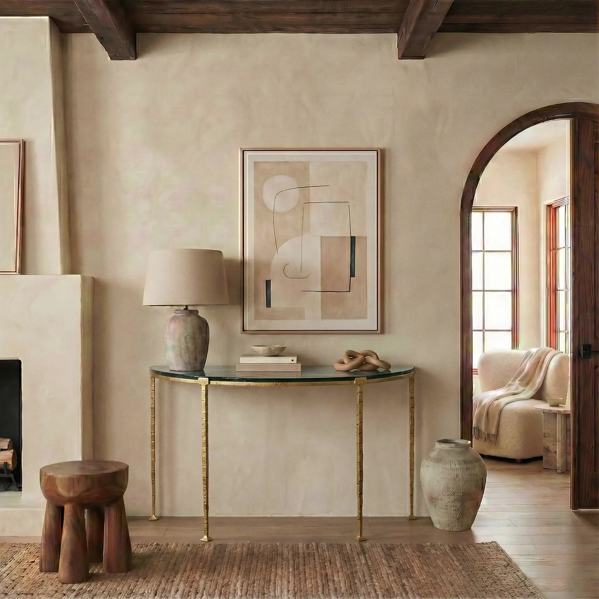 Karmelina Half Moon Console Table in Smoked Glass / Brass in a styled room