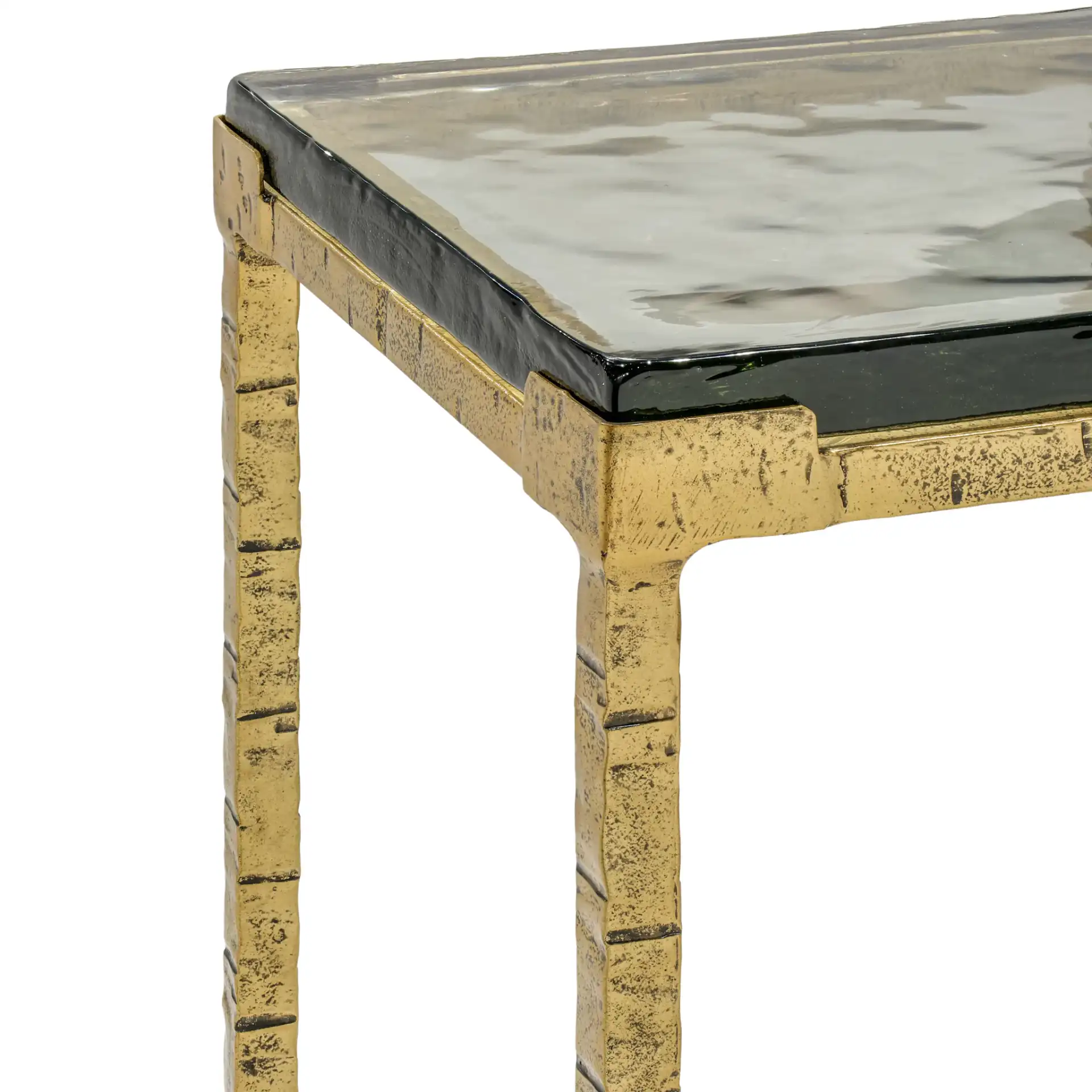 Karmelina Square Drink Table in Smoked Glass / Brass in a styled room