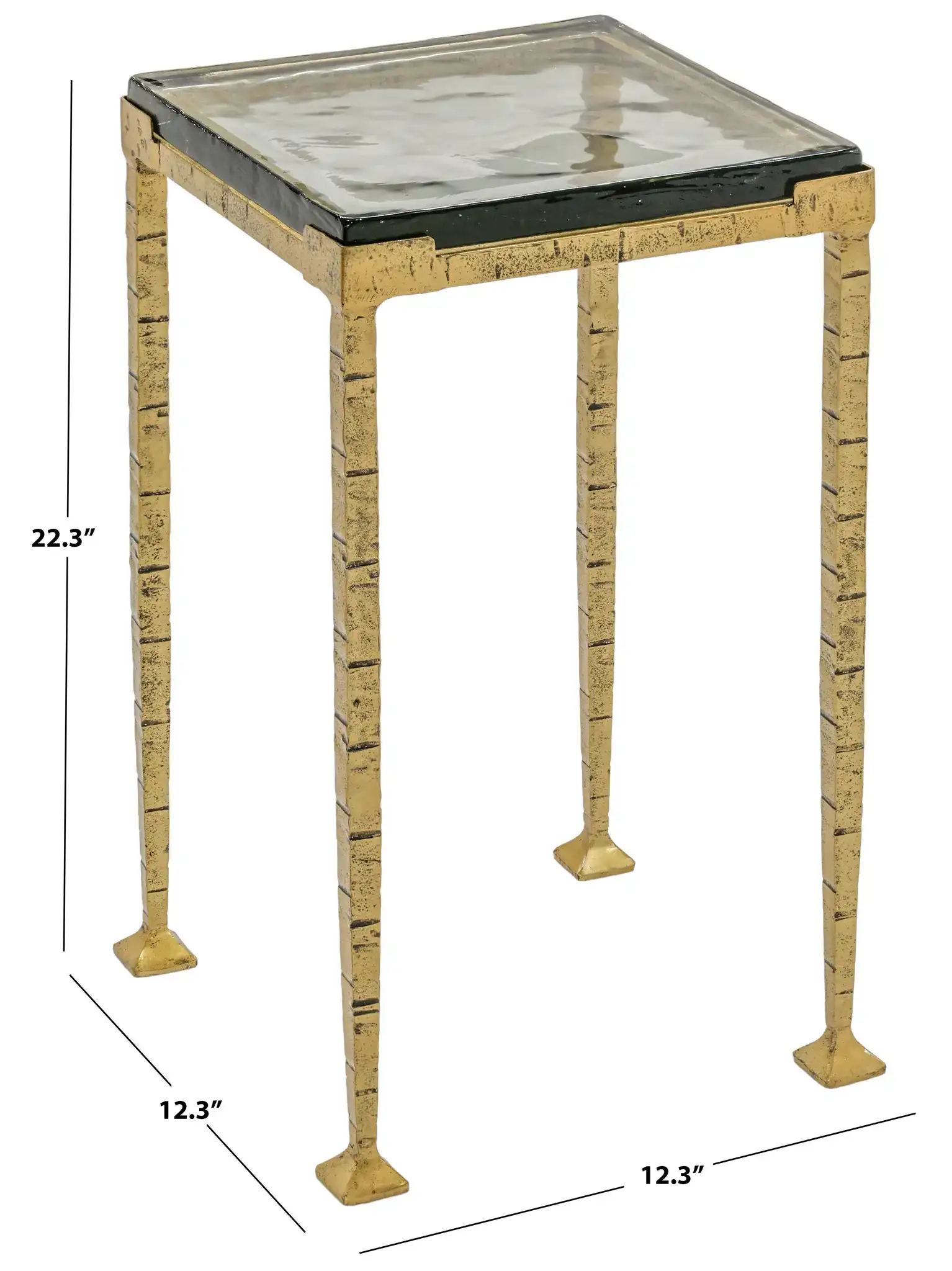 Karmelina Square Drink Table in Smoked Glass / Brass, detail view