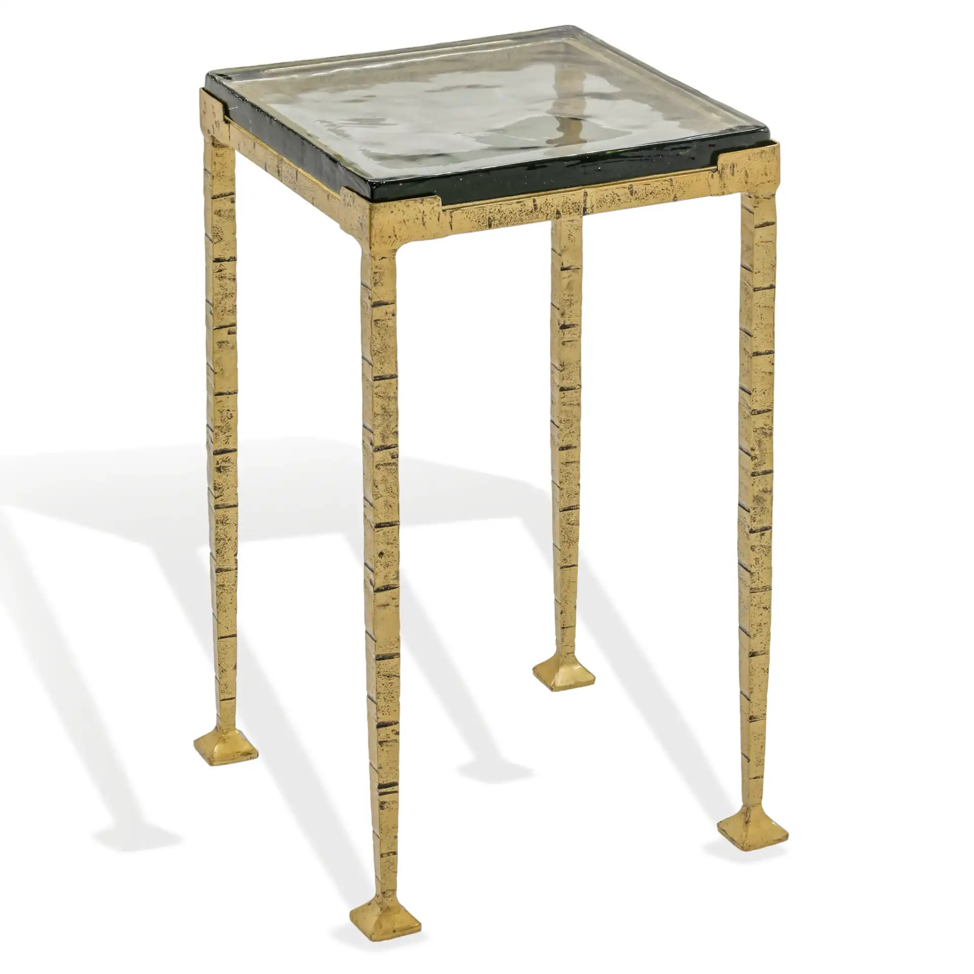 Karmelina Square Drink Table in Smoked Glass / Brass, detail view