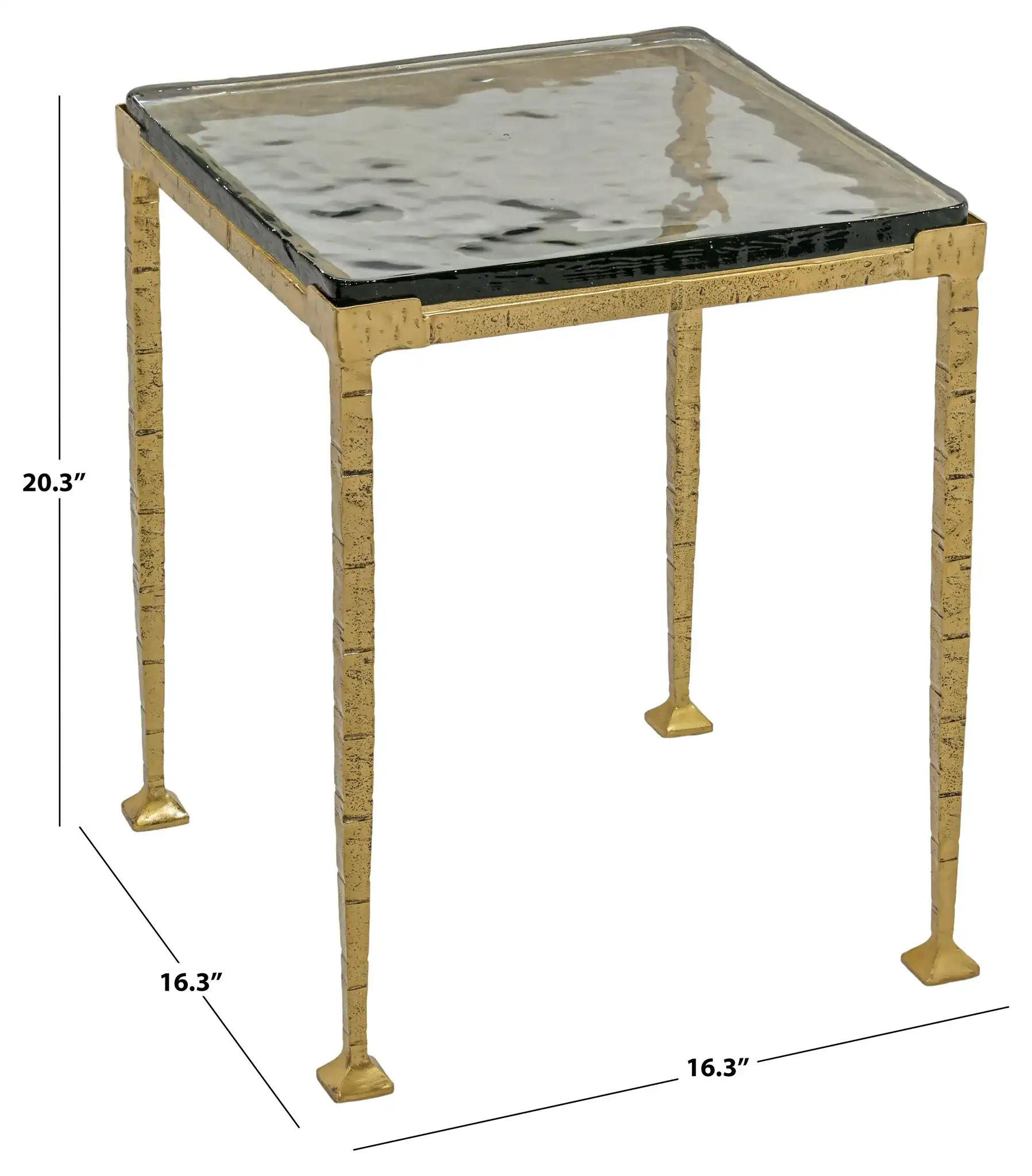 Karmelina Square Accent Table in Smoked Glass / Brass, detail view