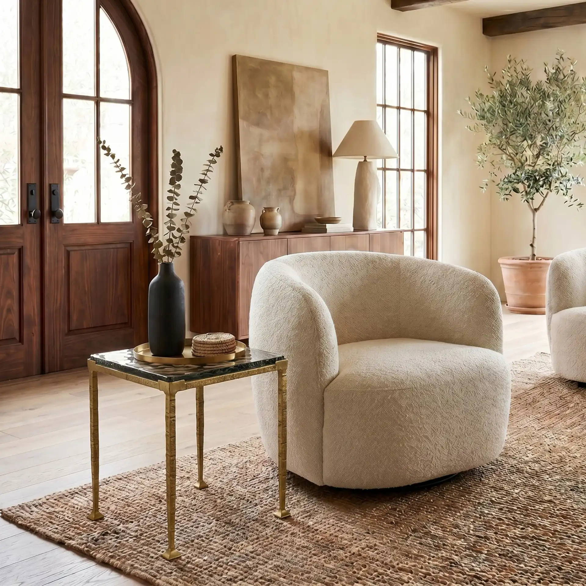 Karmelina Square Accent Table in Smoked Glass / Brass in a styled room