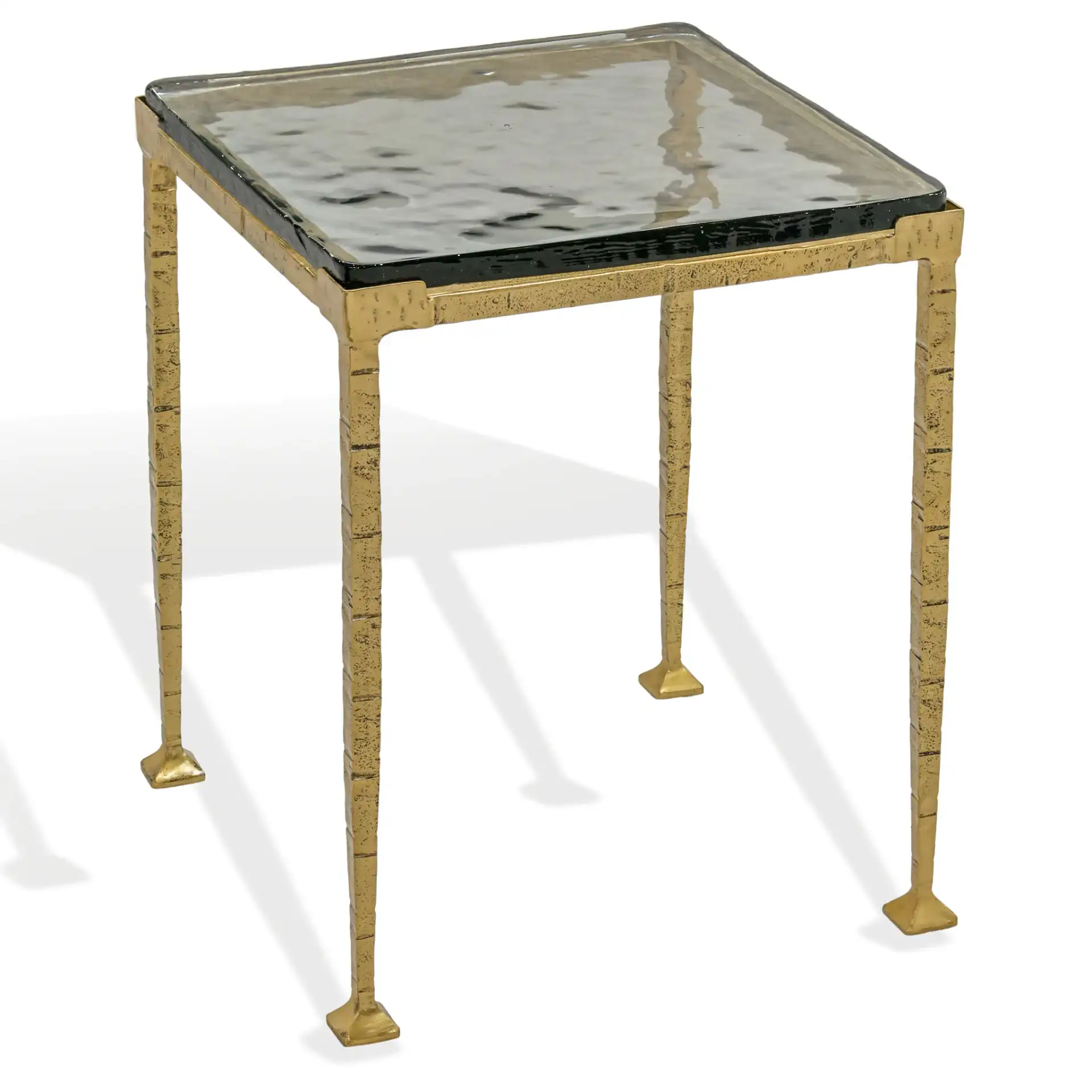 Karmelina Square Accent Table in Smoked Glass / Brass, detail view