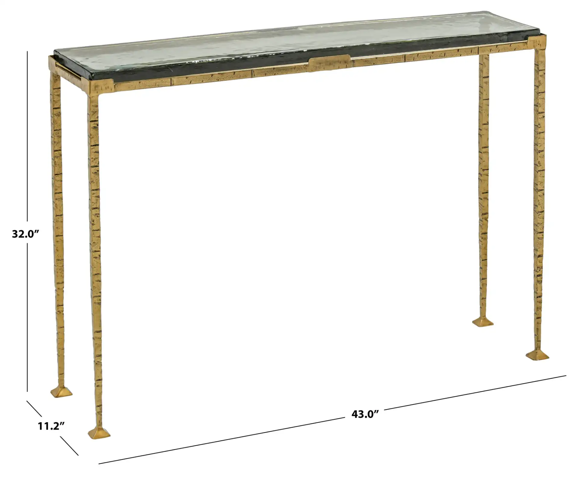 Karmelina Rect Console Table in Smoked Glass / Brass, detail view