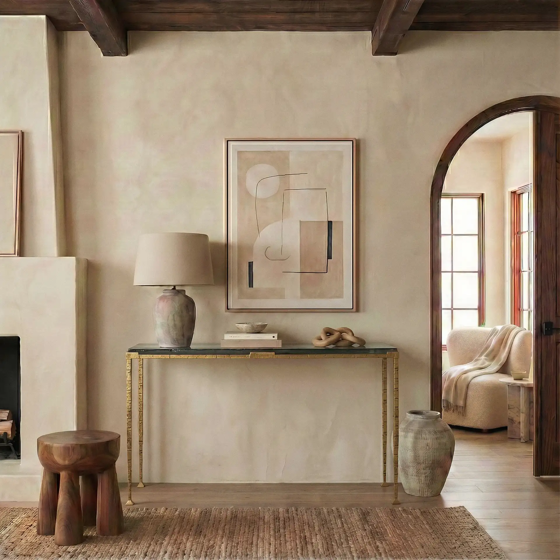 Karmelina Rect Console Table in Smoked Glass / Brass in a styled room