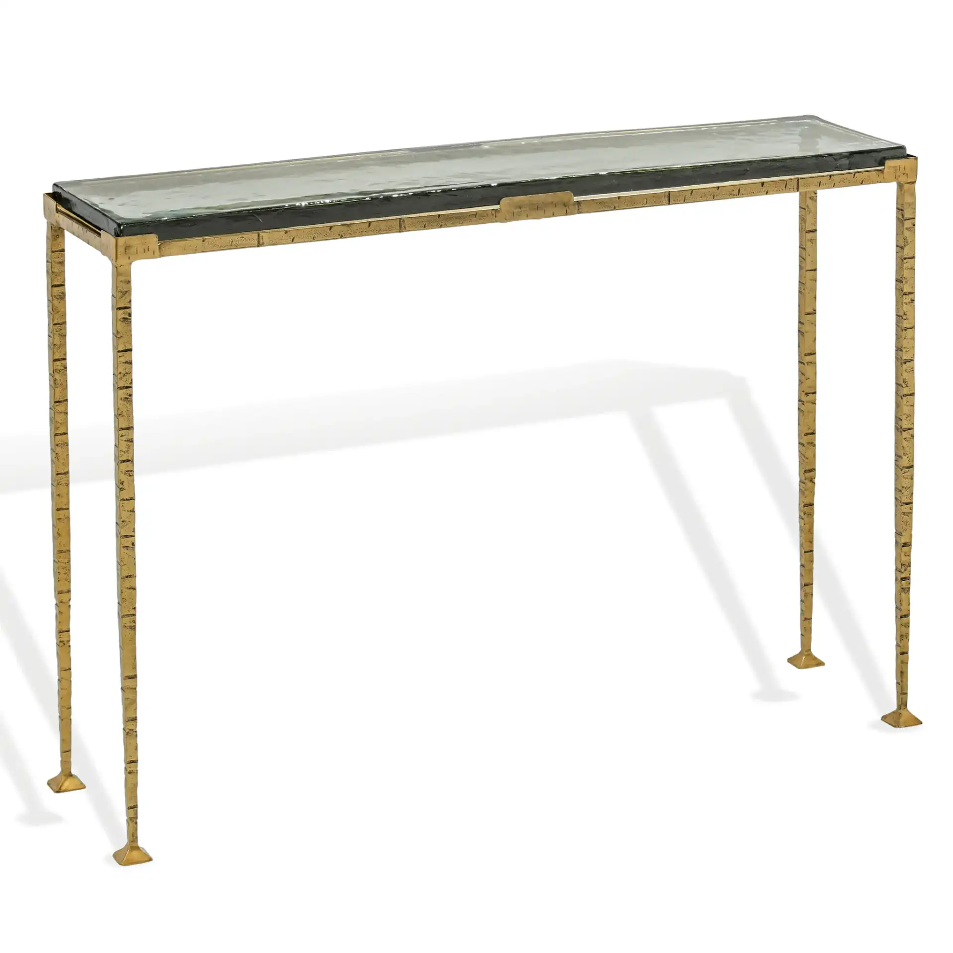 Karmelina Rect Console Table in Smoked Glass / Brass, detail view