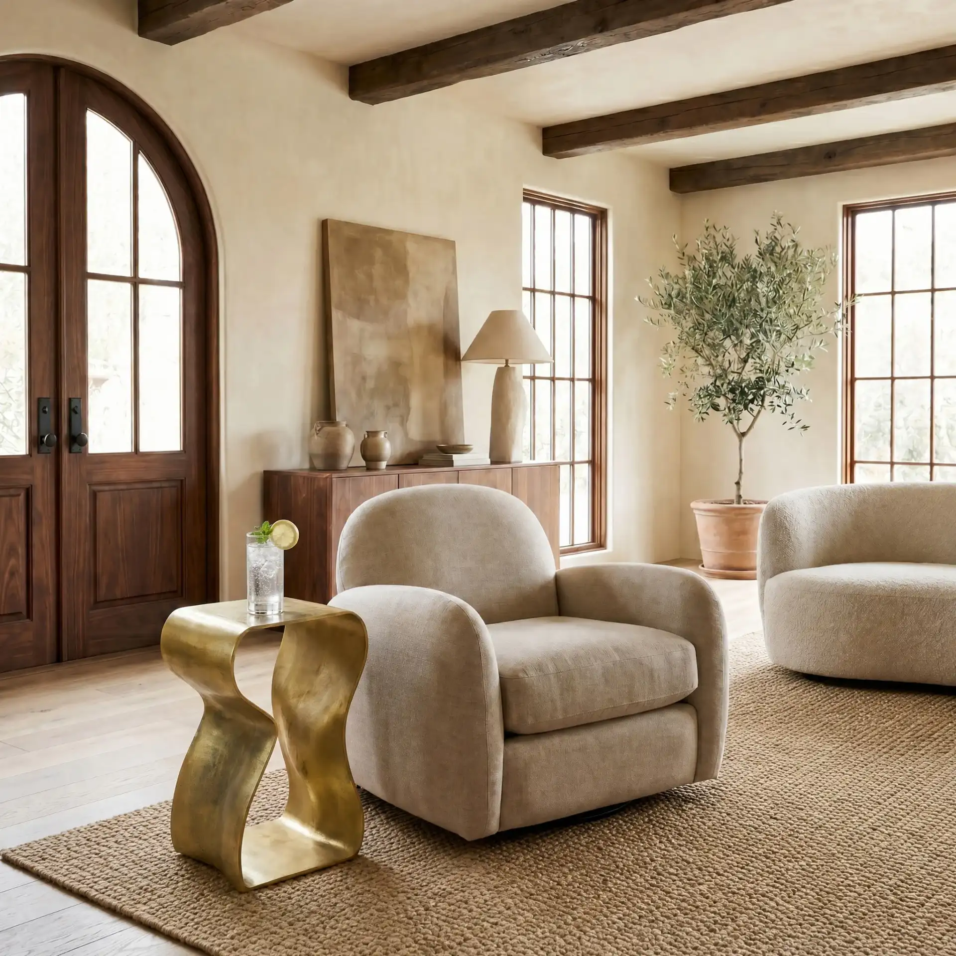 Philbin Metal Accent Table in Antique Brass in a styled room