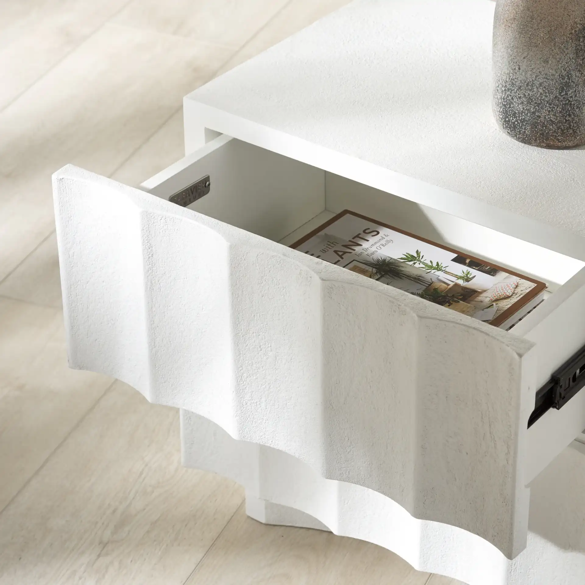 Woodworth Two-Drawer Nightstand in White in a styled room