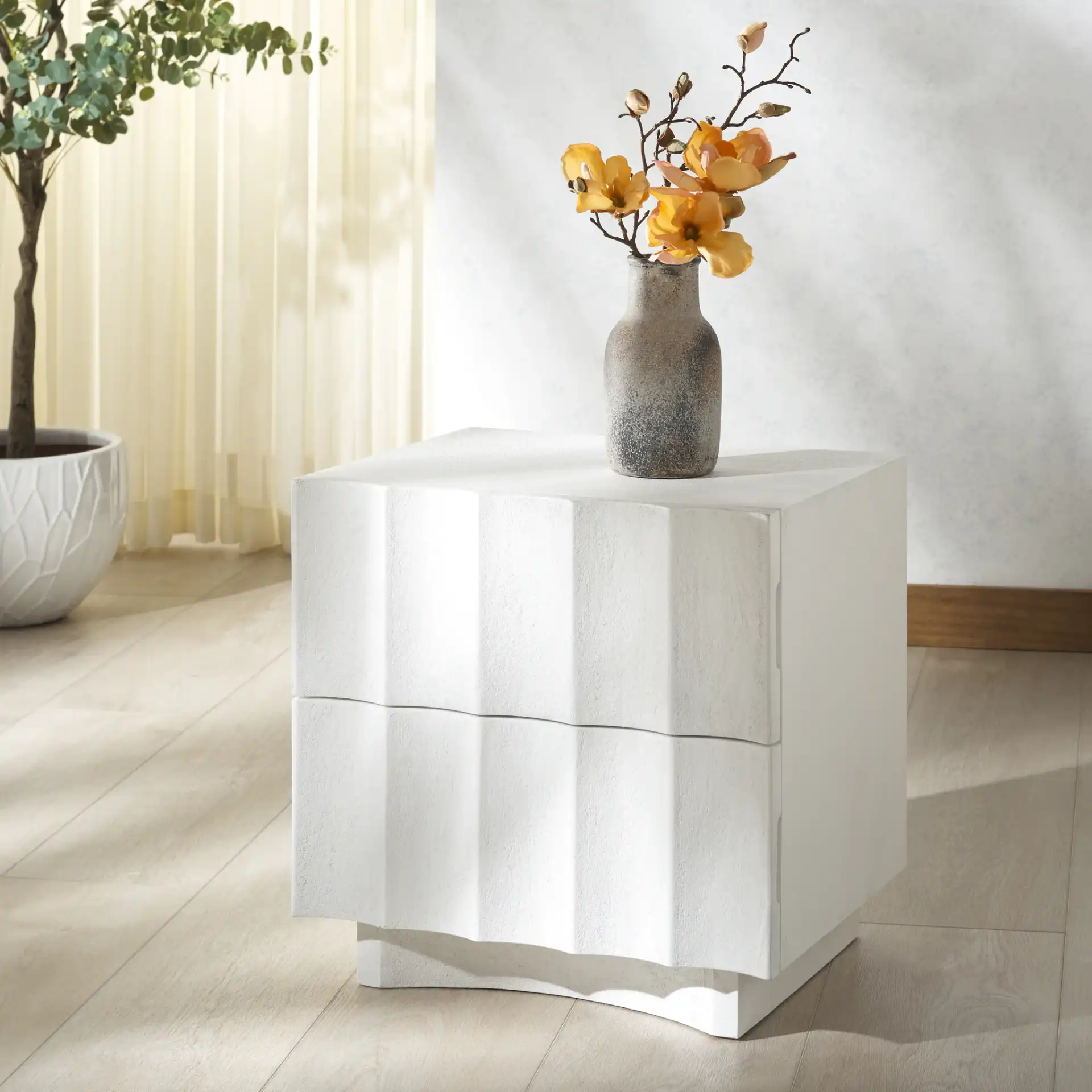 Woodworth Two-Drawer Nightstand in White in a styled room